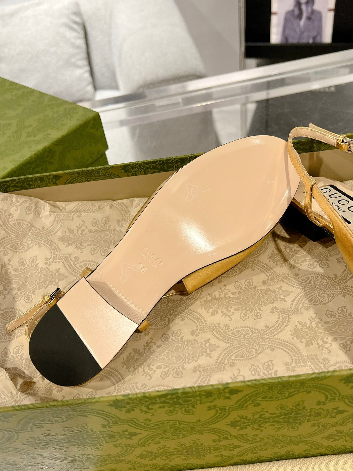 GG CRYSTALS SLINGBACK BALLET METALLIC GOLD CALFSKIN