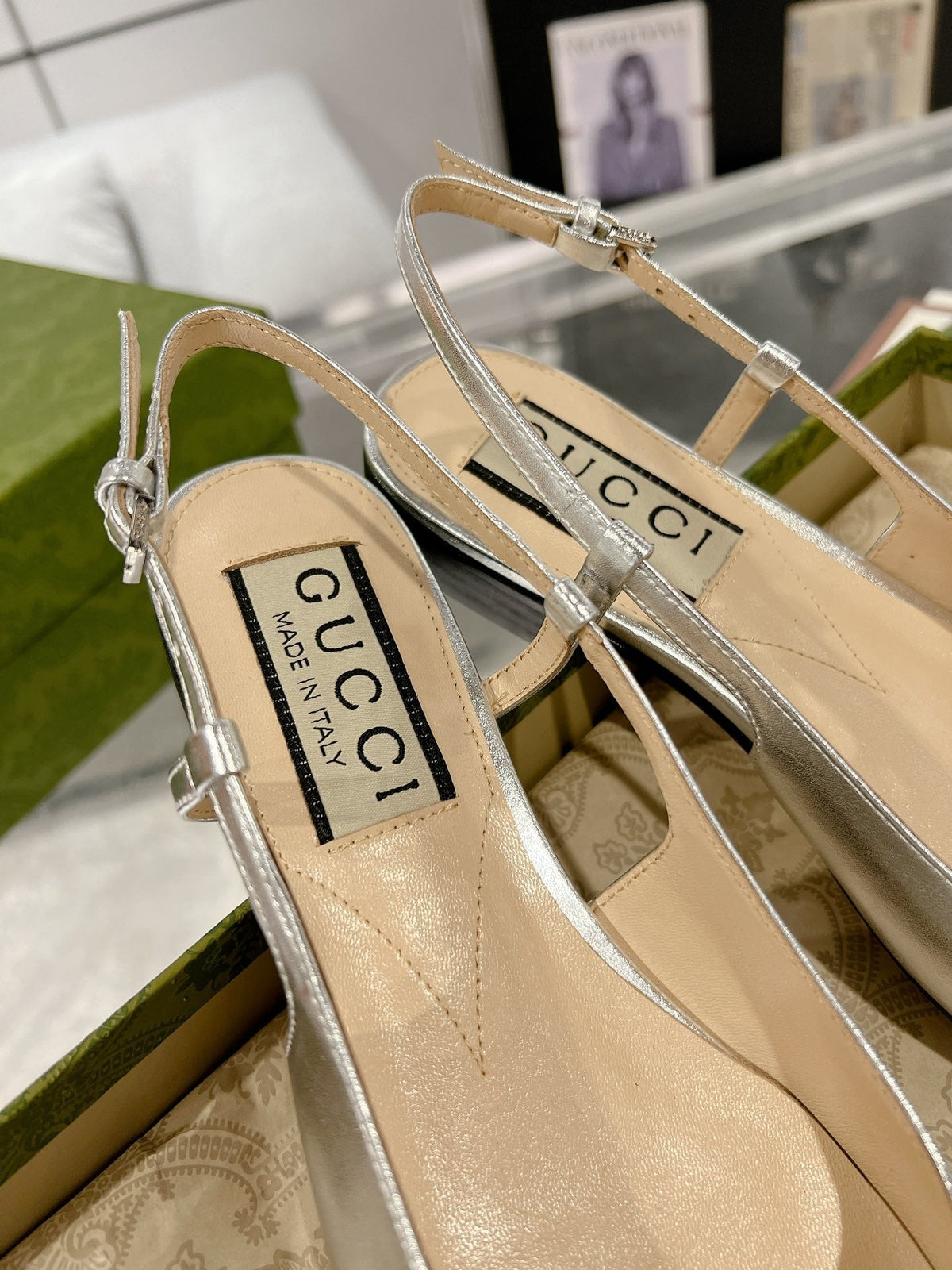 GG CRYSTALS SLINGBACK BALLET SILVER CALFSKIN