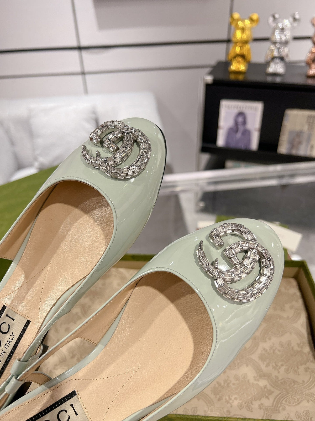 GG CRYSTALS SLINGBACK BALLET SAGE CALFSKIN