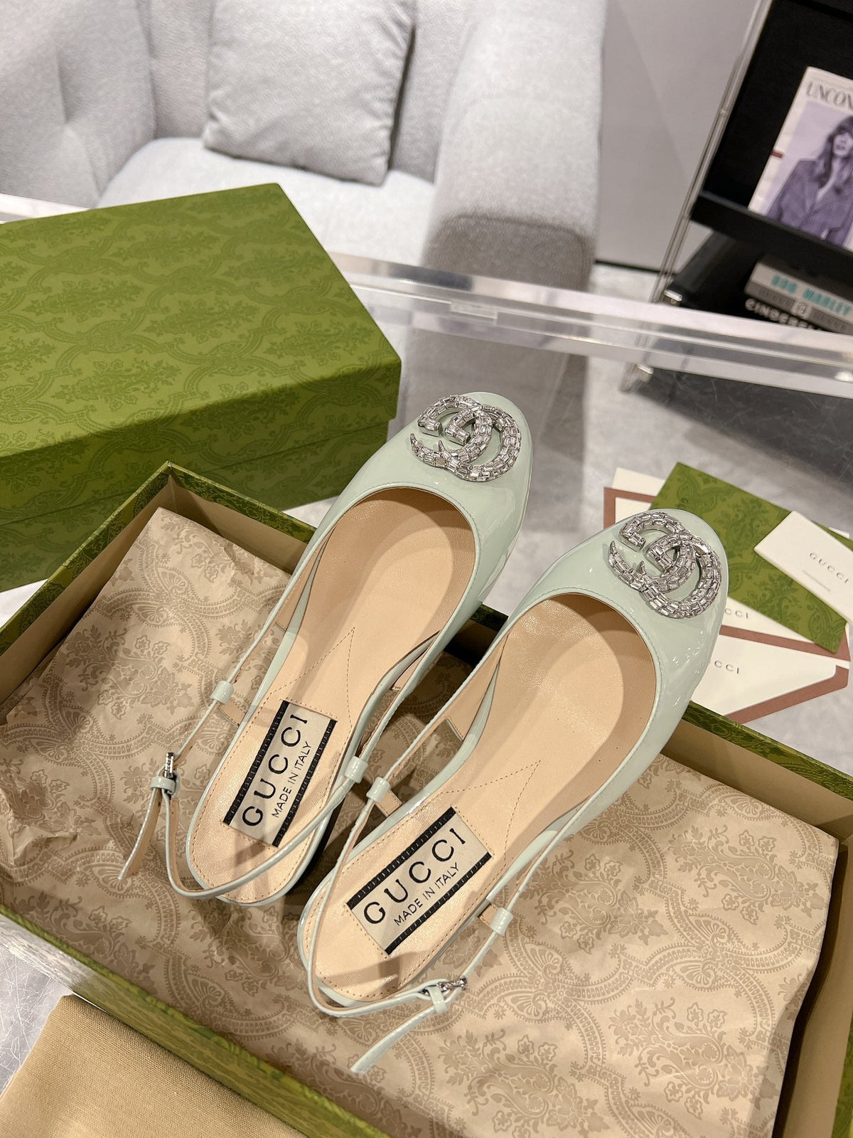 GG CRYSTALS SLINGBACK BALLET SAGE CALFSKIN