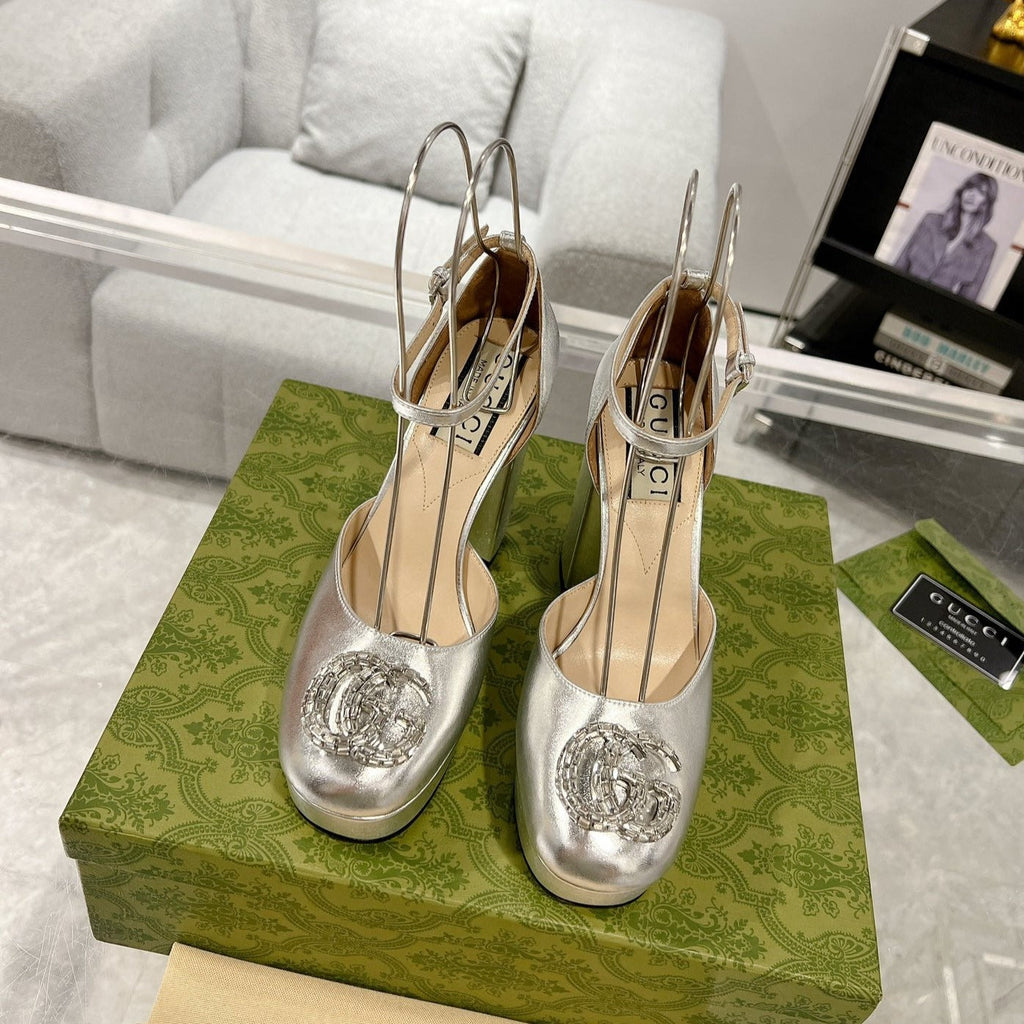 GG CRYSTALS PLATFORM PUMPS SILVER CALFSKIN
