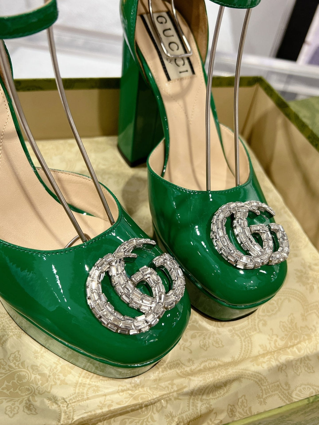 GG CRYSTALS PLATFORM PUMPS JADE GREEN CALFSKIN