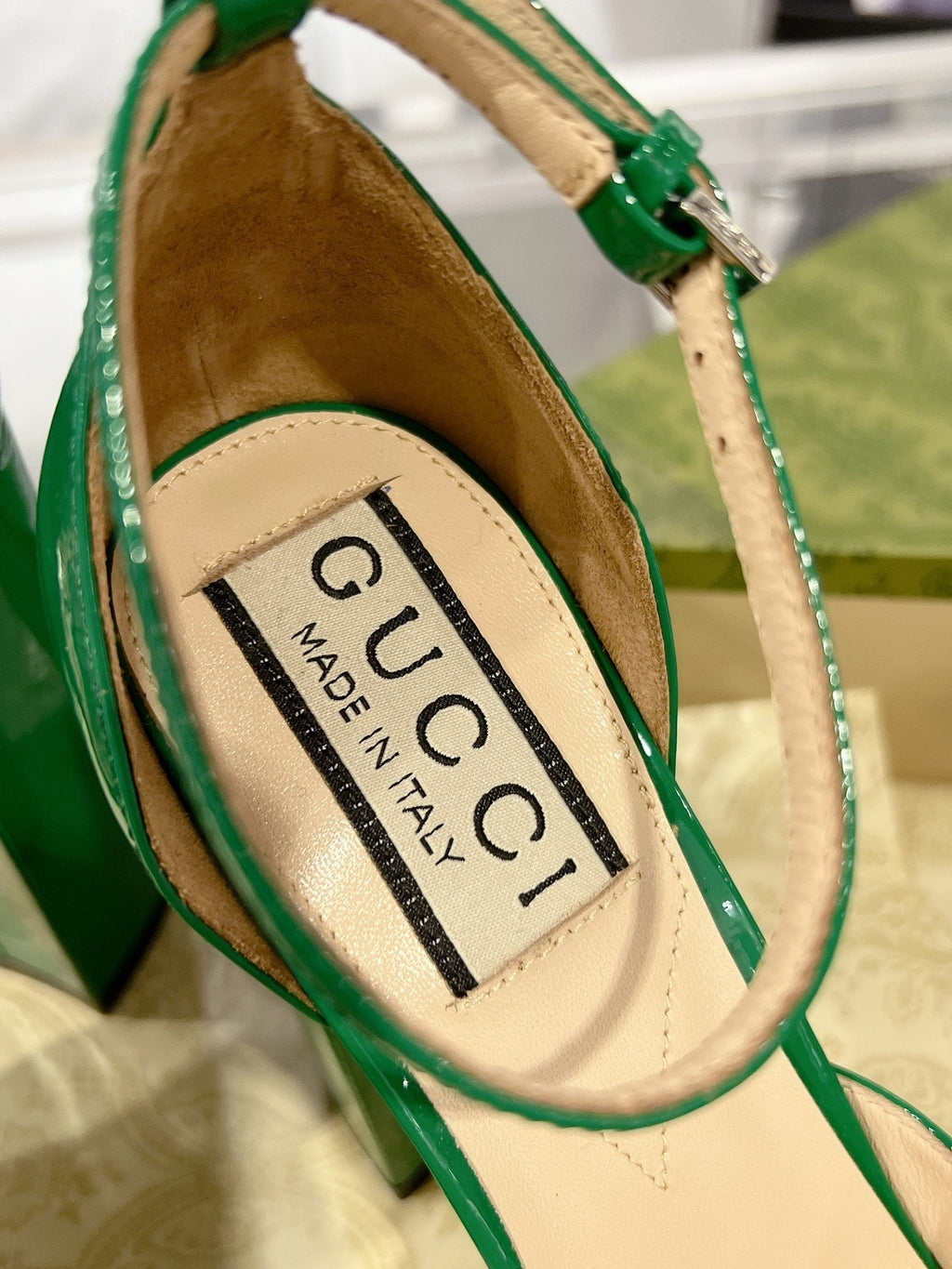 GG CRYSTALS PLATFORM PUMPS JADE GREEN CALFSKIN