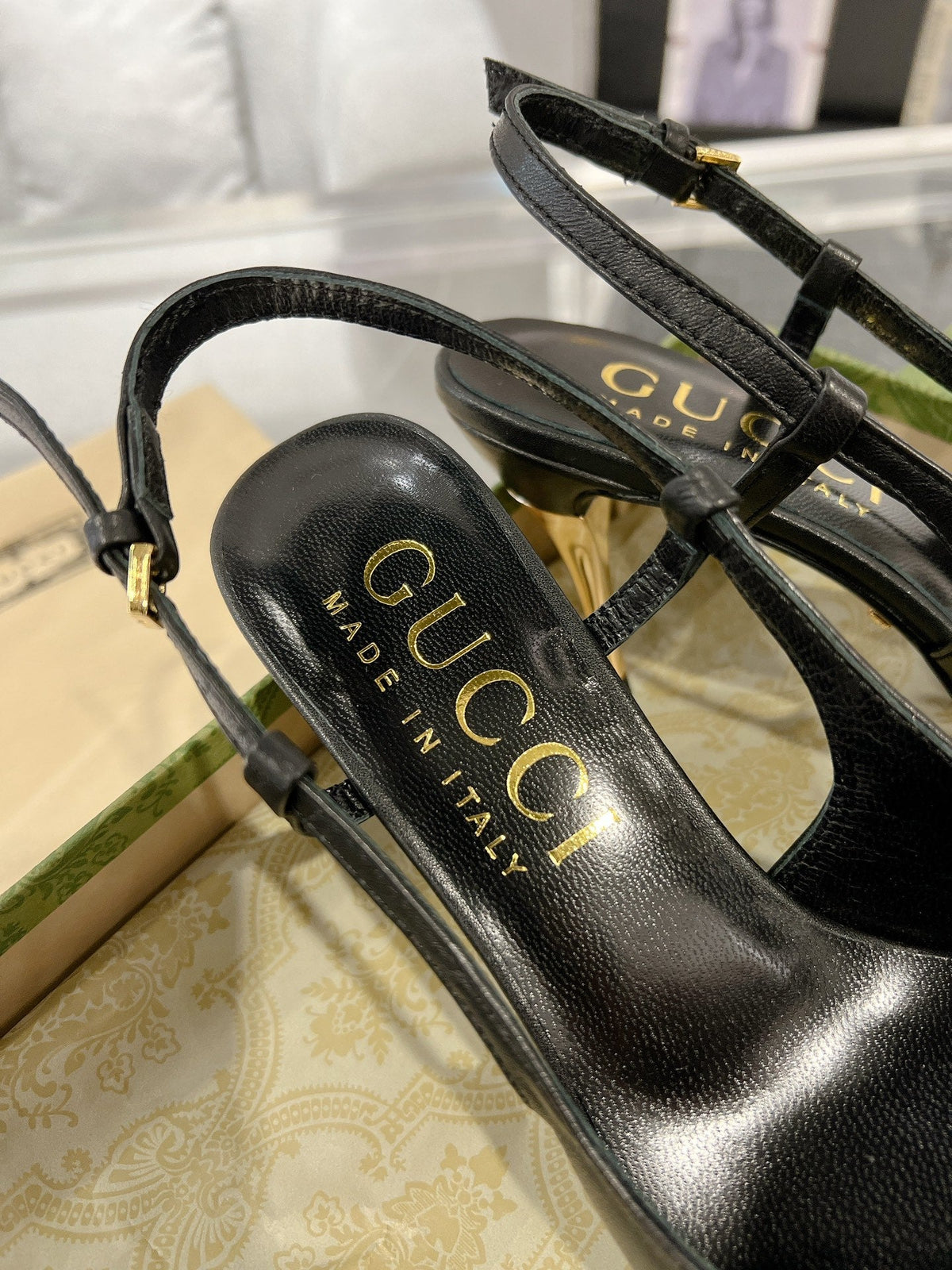GG SLINGBACK HIGH HEEL PUMP BLACK CALFSKIN