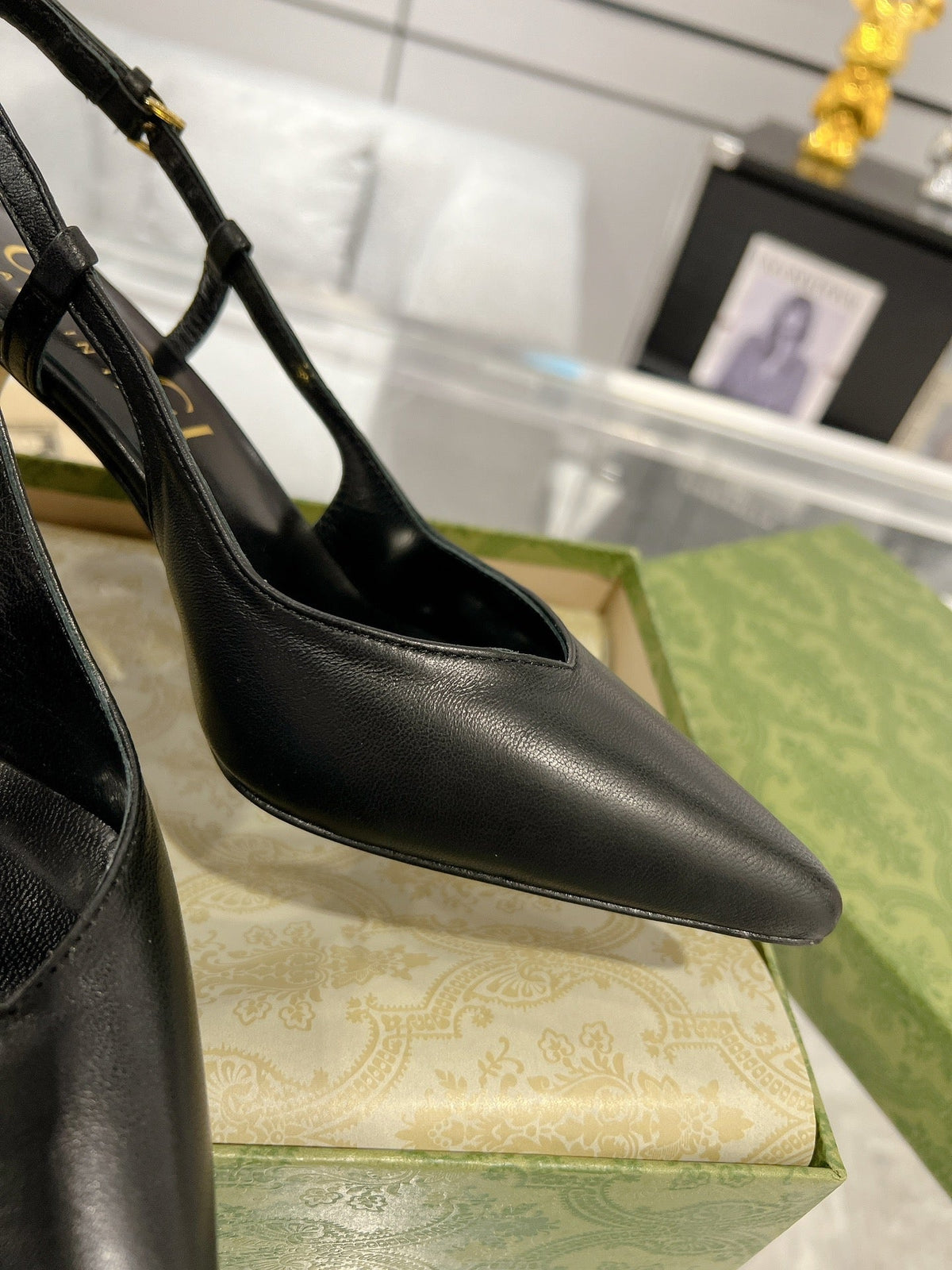 GG SLINGBACK HIGH HEEL PUMP BLACK CALFSKIN