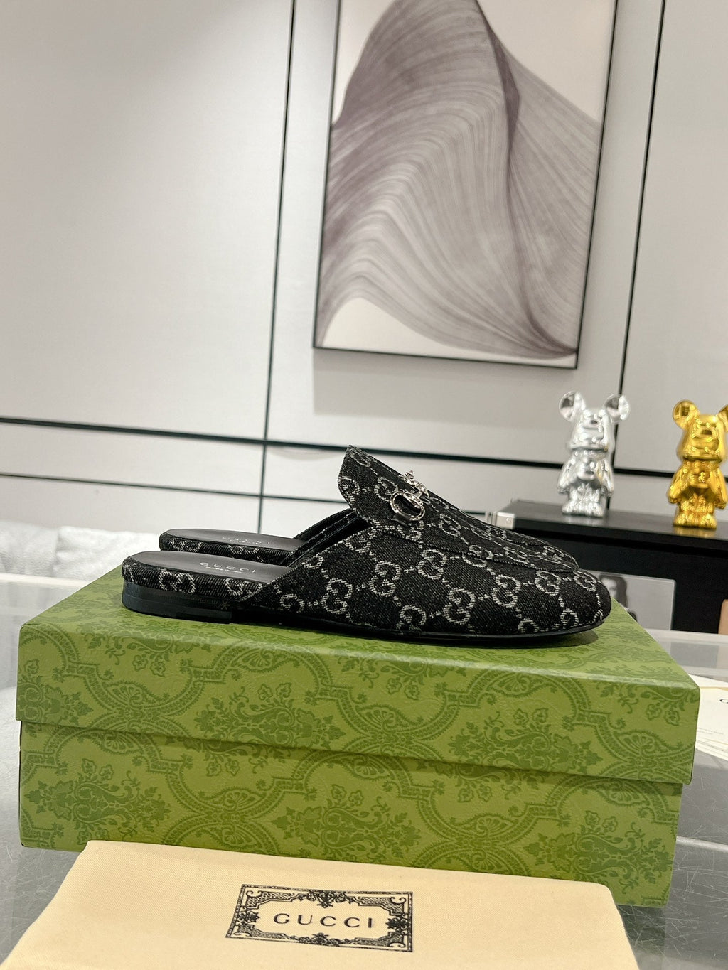 MEN'S MULE WITH HORSEBIT IN BLACK MONOGRAM JACQUARD FABRIC