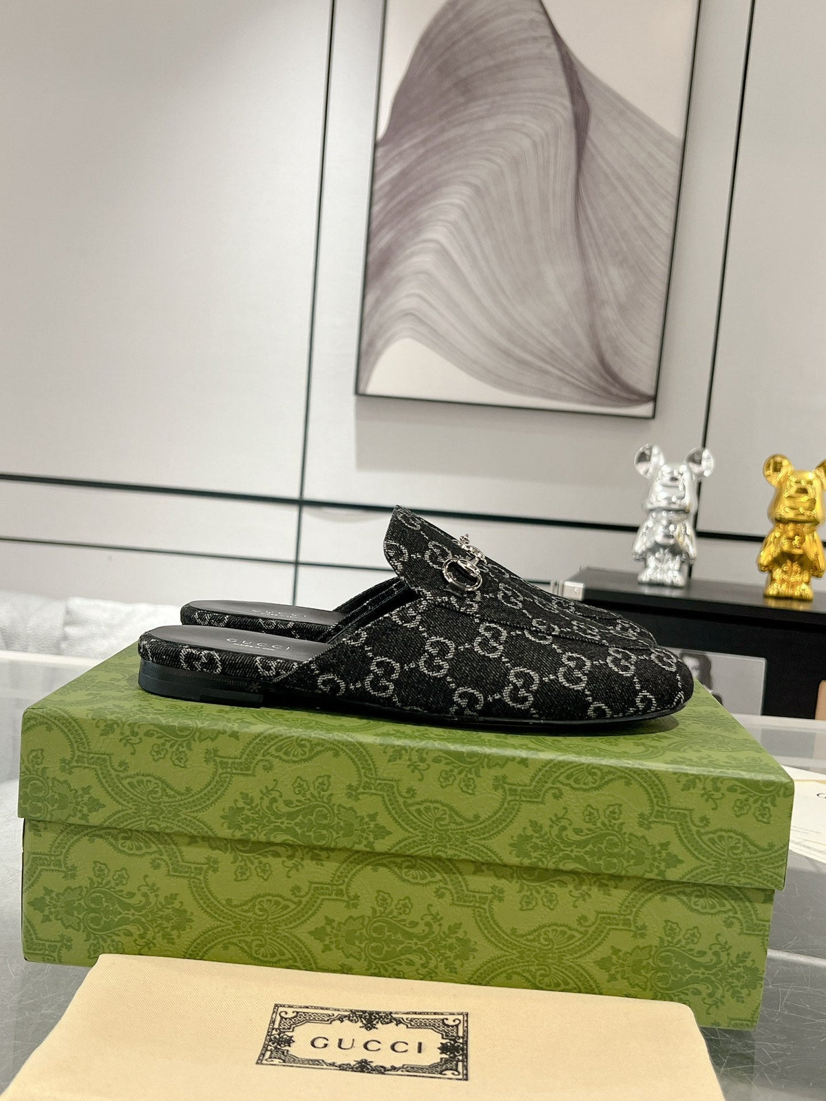MEN'S MULE WITH HORSEBIT IN BLACK MONOGRAM JACQUARD FABRIC