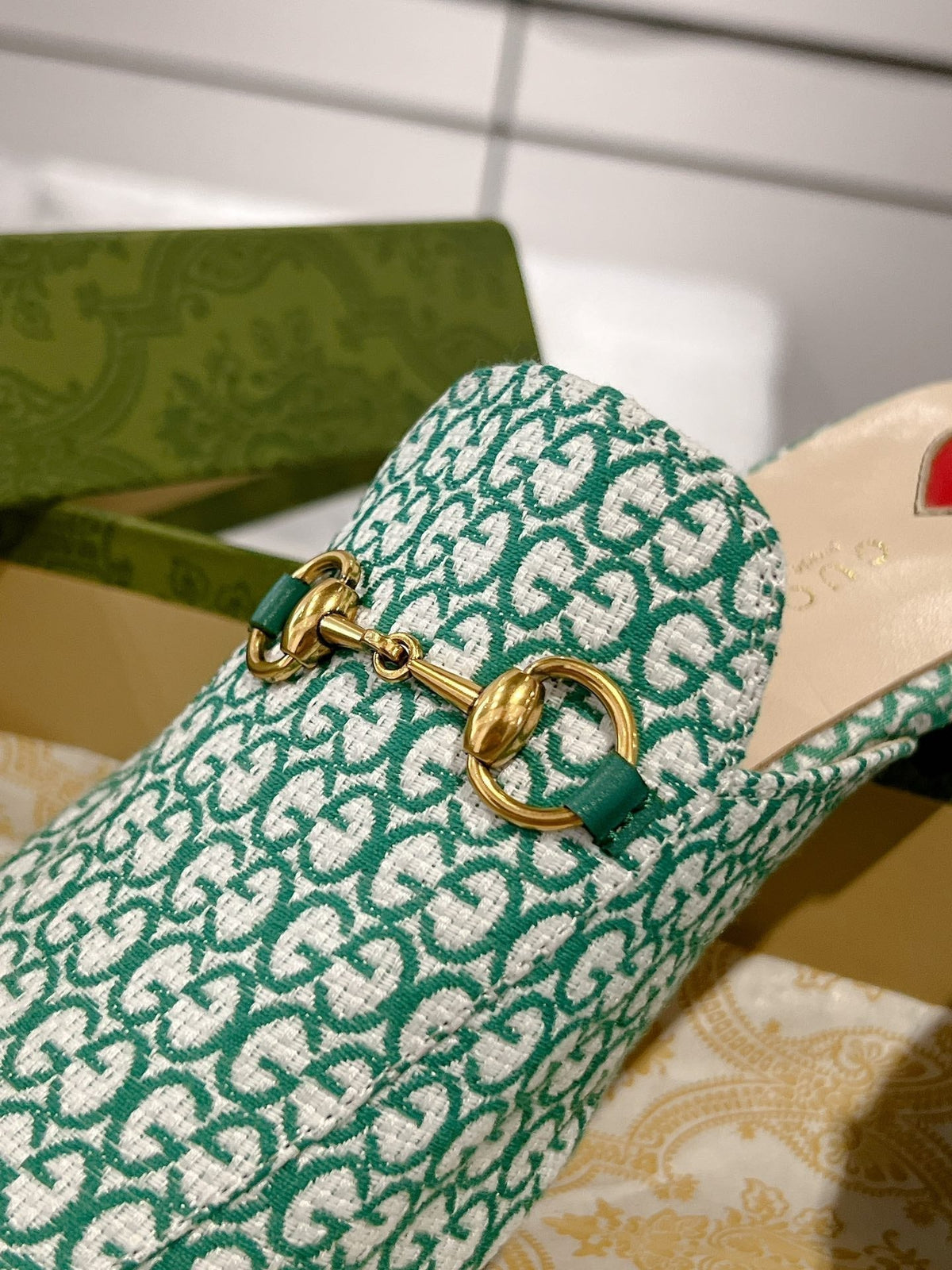 MEN'S MULE WITH HORSEBIT IN MINT GREEN MONOGRAM JACQUARD FABRIC