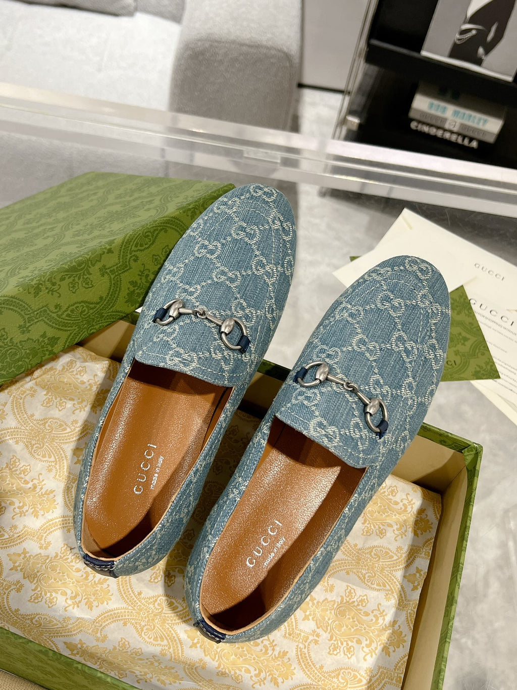 MEN'S LOAFER WITH HORSEBIT IN SAPHIRE BLUE MONOGRAM JACQUARD FABRIC