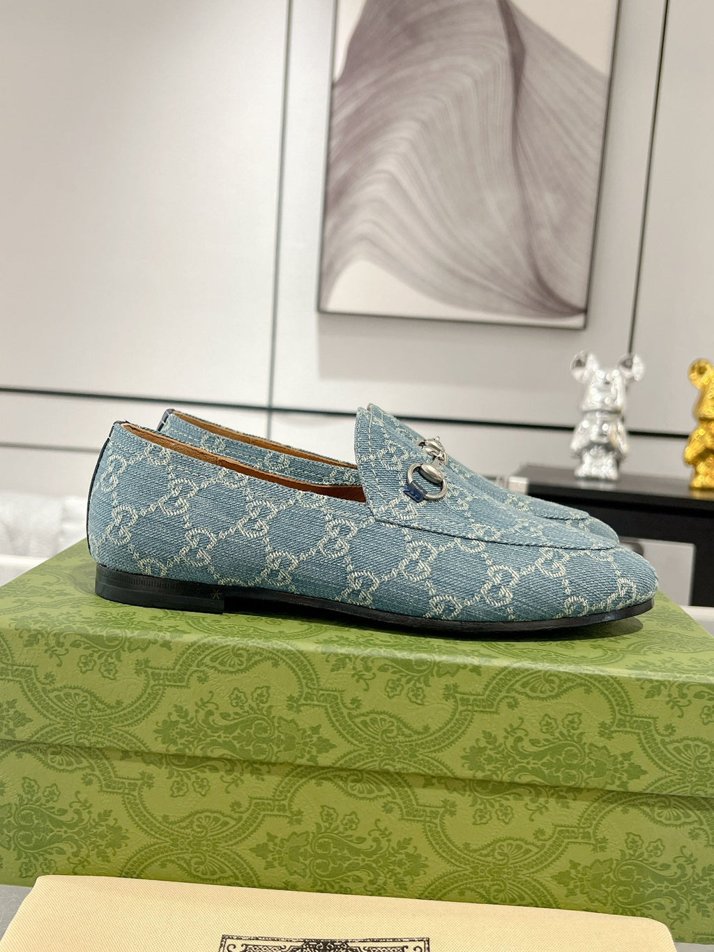 MEN'S LOAFER WITH HORSEBIT IN SAPHIRE BLUE MONOGRAM JACQUARD FABRIC