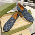 MEN'S LOAFER WITH HORSEBIT IN DENIM BLUE MONOGRAM JACQUARD FABRIC