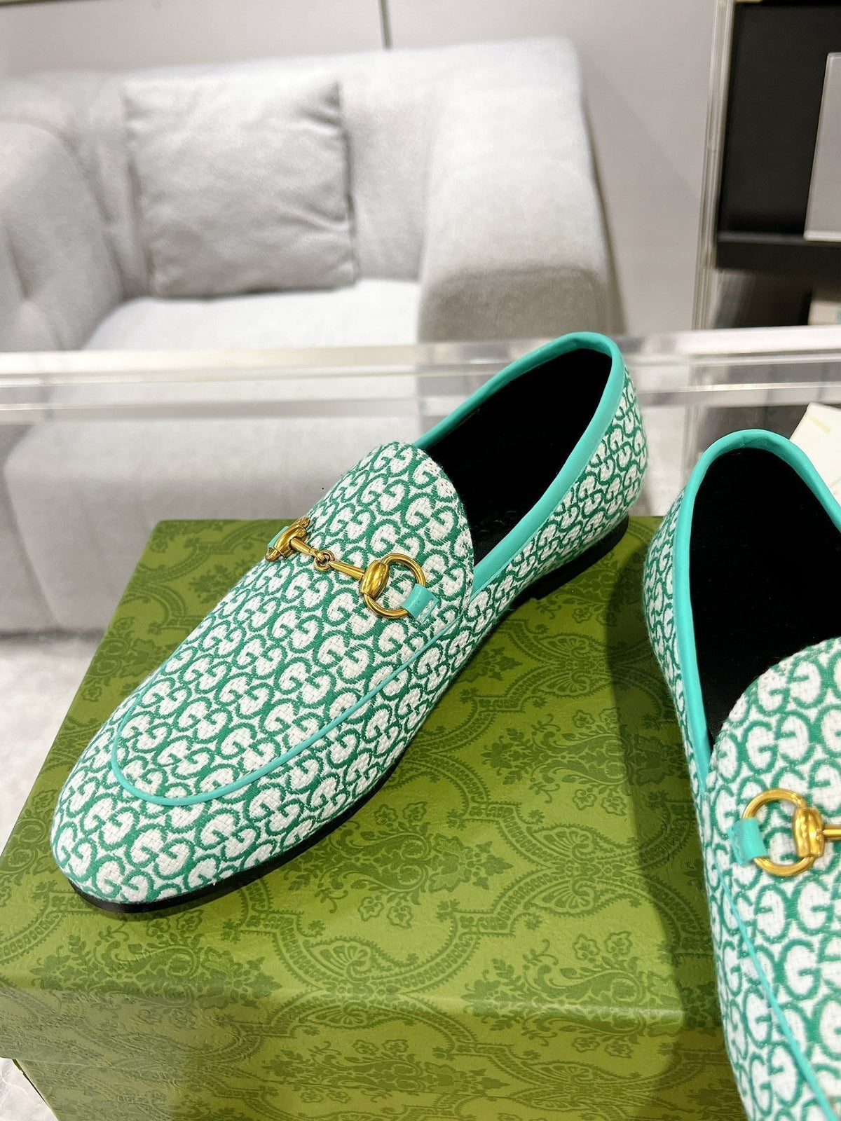 MEN'S LOAFER WITH HORSEBIT IN MINT GREEN MONOGRAM JACQUARD FABRIC