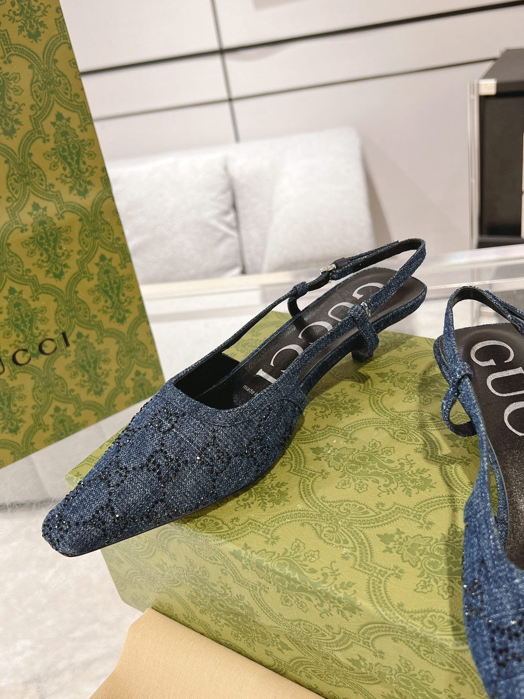 GG CRYSTALS SLINGBACK PUMP DENIM FABRIC