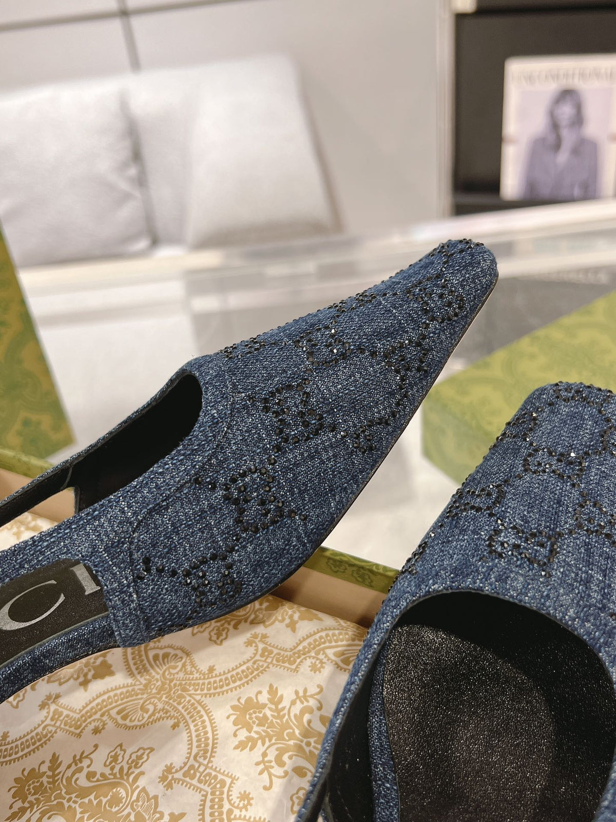 GG CRYSTALS SLINGBACK PUMP DENIM FABRIC