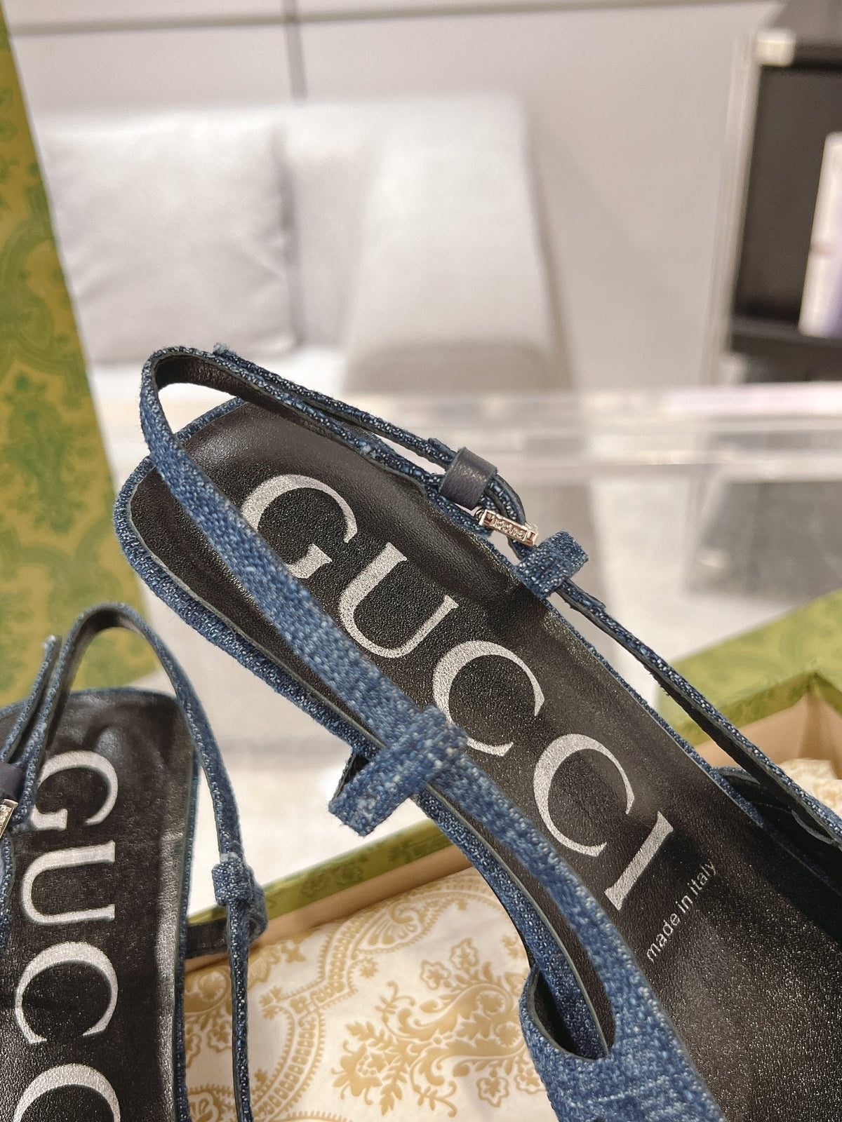 GG CRYSTALS SLINGBACK PUMP DENIM FABRIC