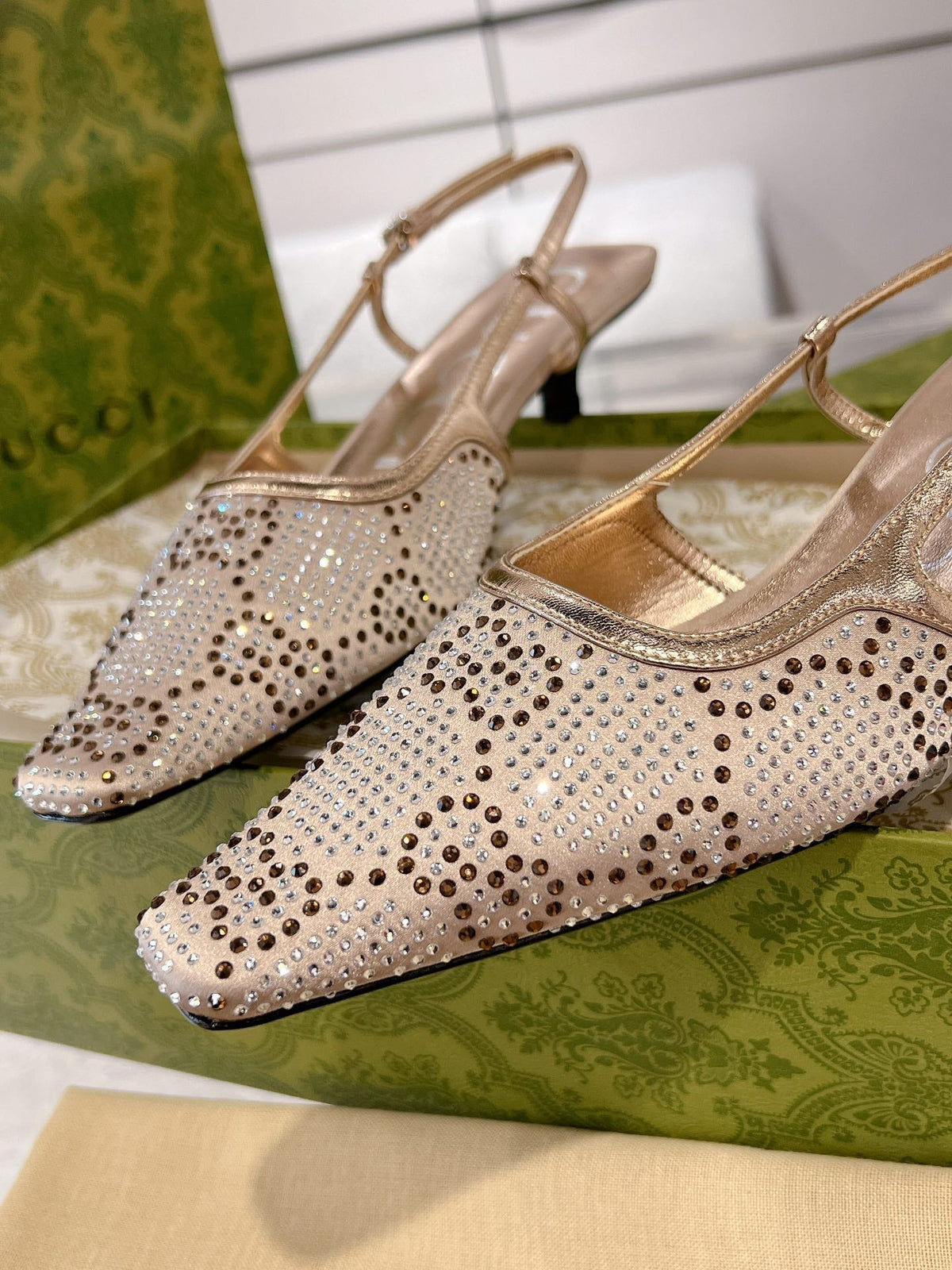 GG CRYSTALS SLINGBACK PUMP CREAM FABRIC