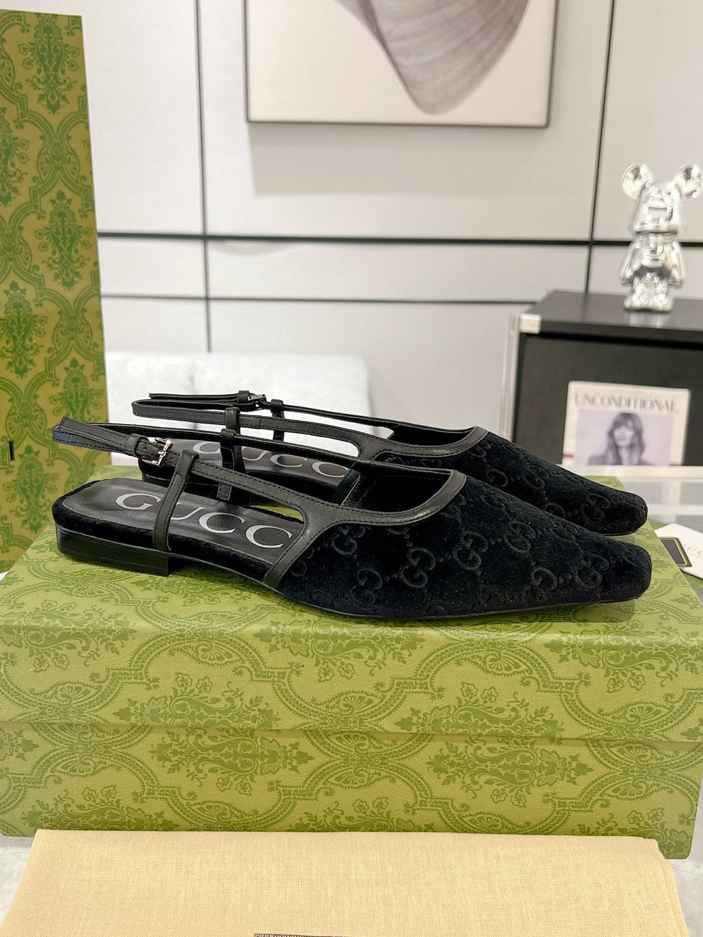GG SLINGBACK FLATS BLACK VELVET
