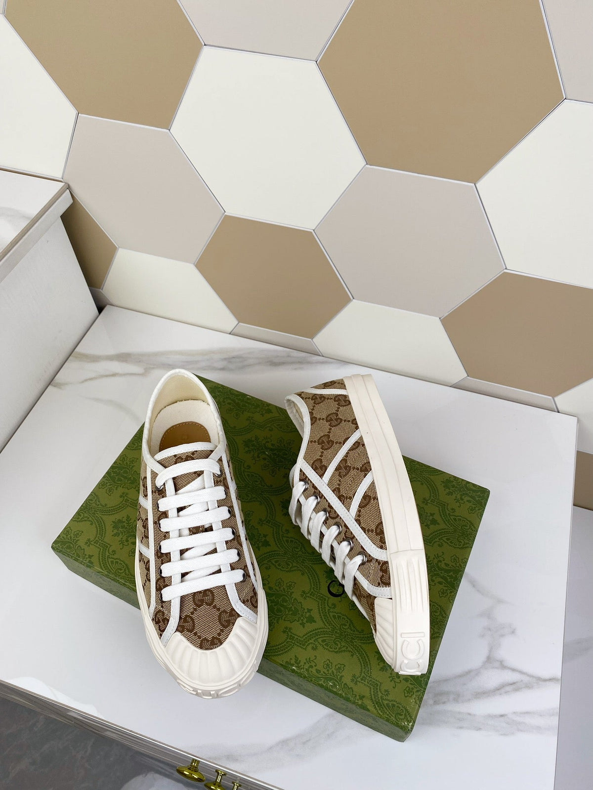 GG JULIO SNEAKER WITH WEB BROWN PATTERNED CANVAS