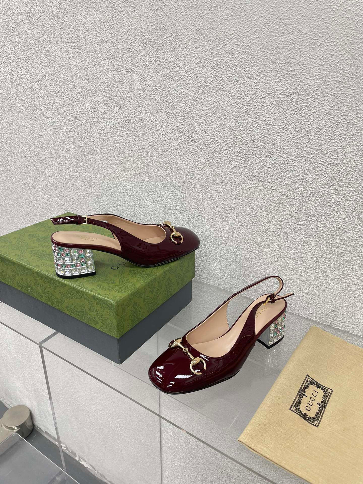 GG WOMEN'S HORSEBIT SLINGBACK IN WINE RED CALFSKIN WITH RHINSTONES