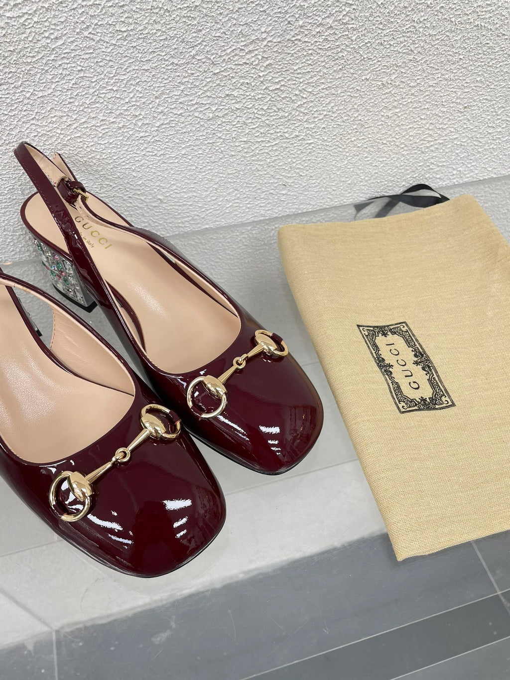 GG WOMEN'S HORSEBIT SLINGBACK IN WINE RED CALFSKIN WITH RHINSTONES