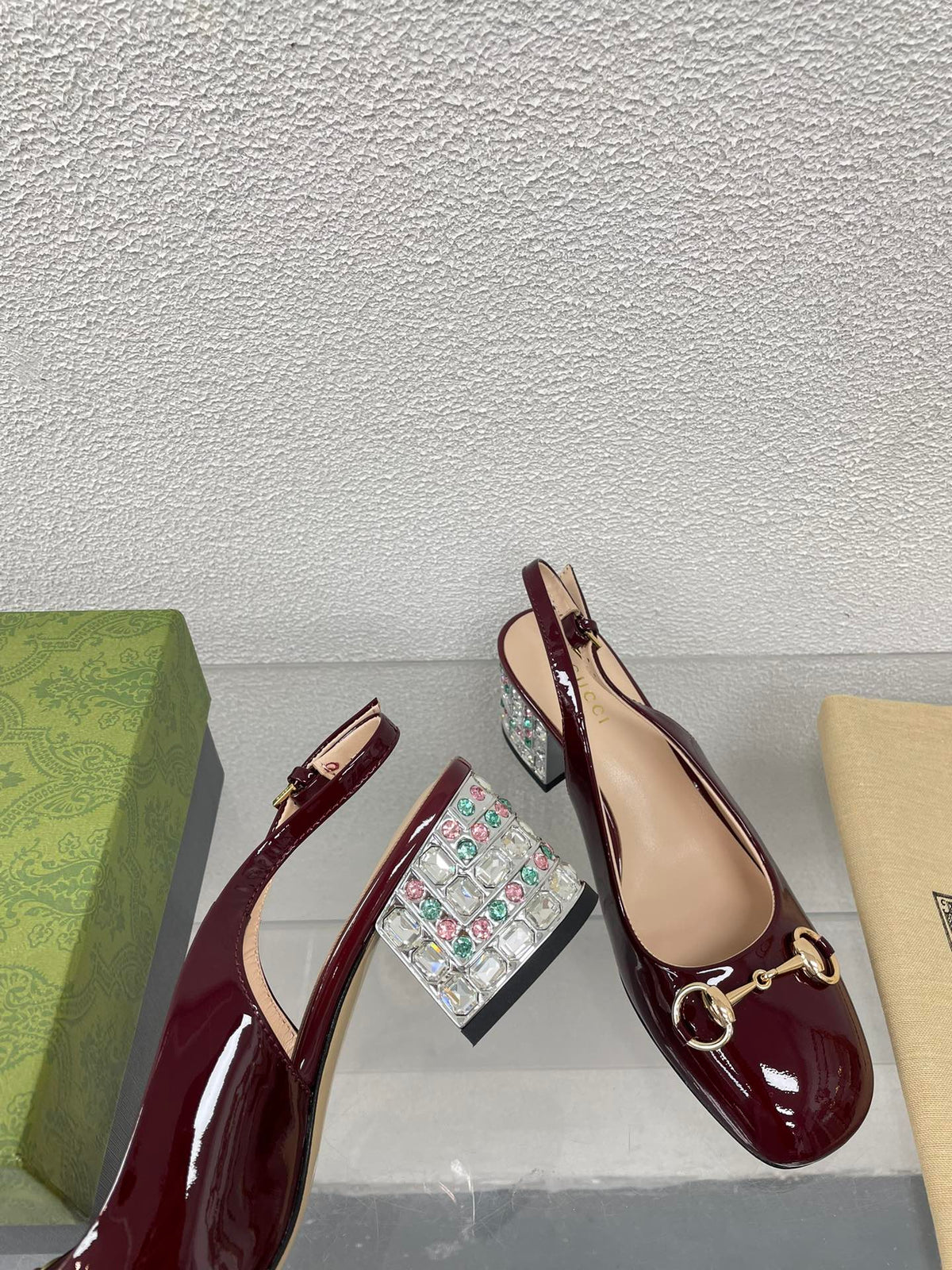 GG WOMEN'S HORSEBIT SLINGBACK IN WINE RED CALFSKIN WITH RHINSTONES