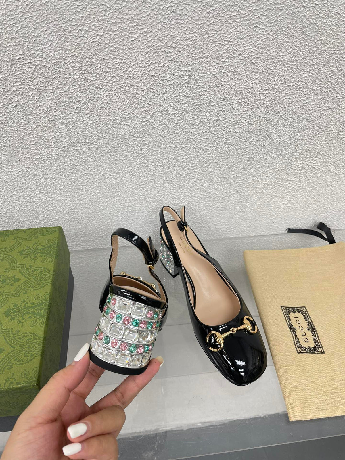 GG WOMEN'S HORSEBIT SLINGBACK IN BLACK CALFSKIN WITH RHINSTONES