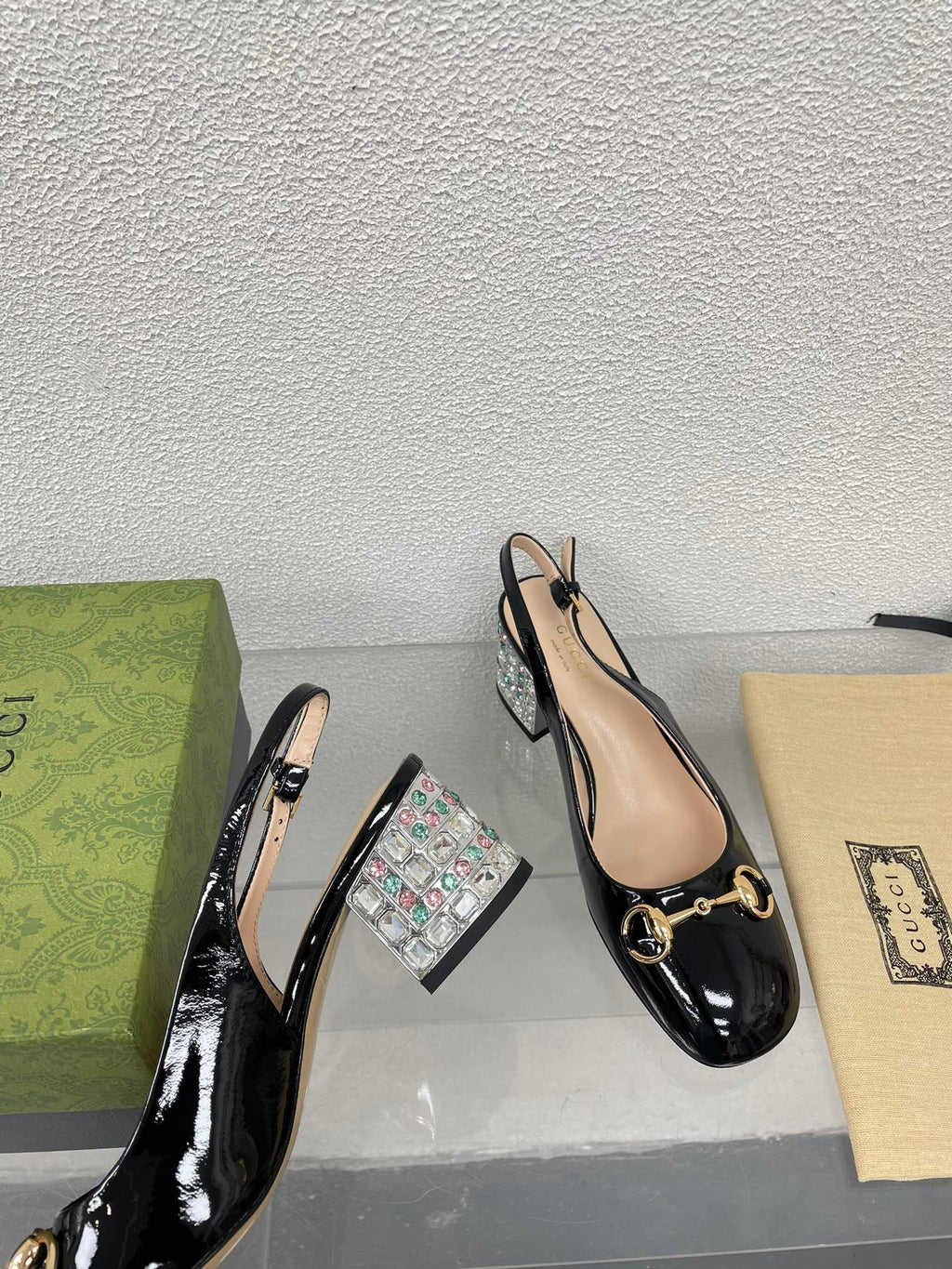 GG WOMEN'S HORSEBIT SLINGBACK IN BLACK CALFSKIN WITH RHINSTONES