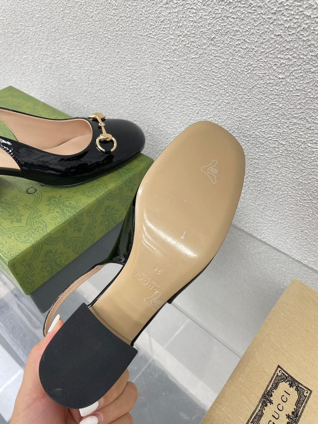 GG WOMEN'S HORSEBIT SLINGBACK IN BLACK CALFSKIN WITH RHINSTONES