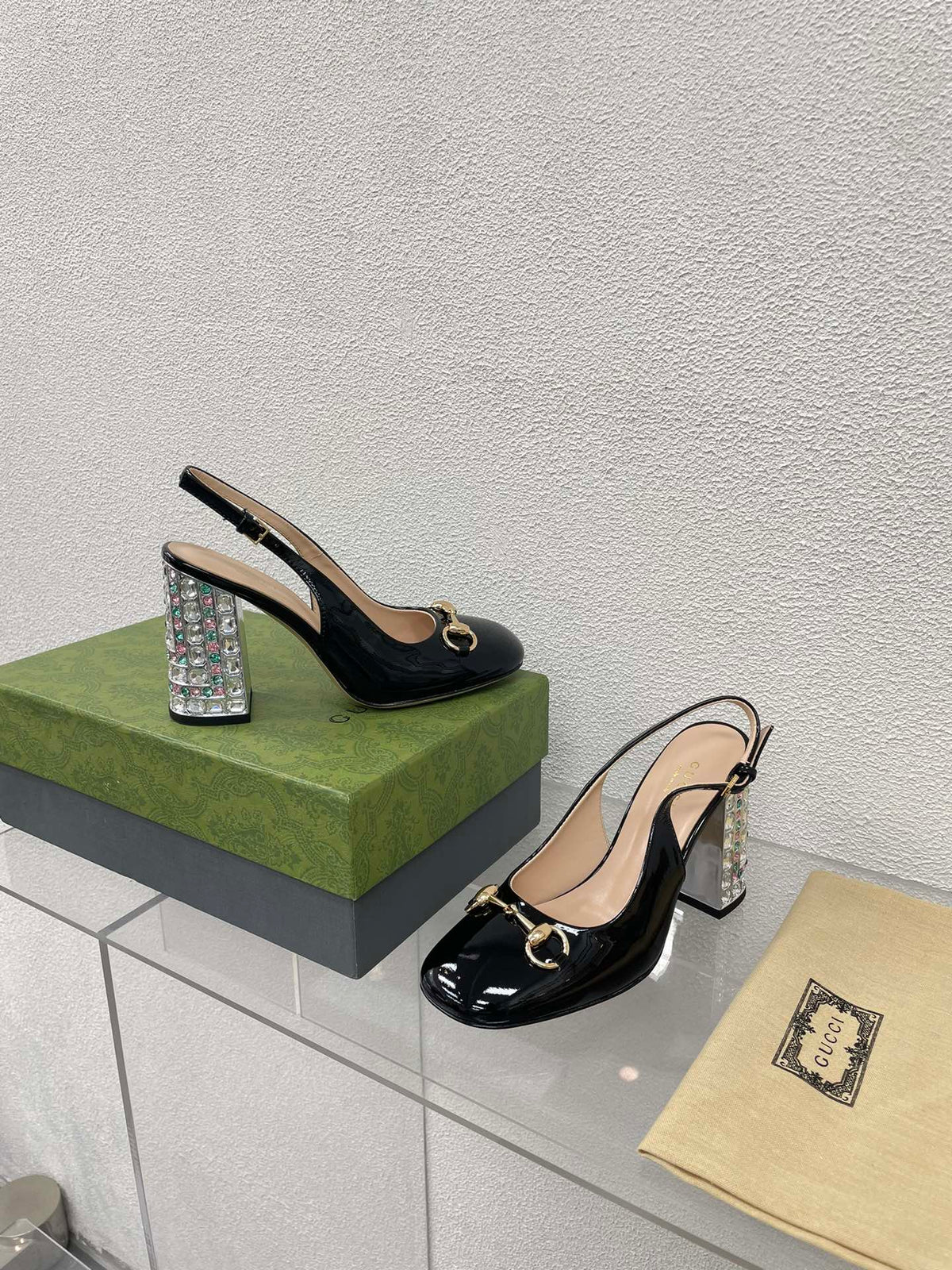 GG WOMEN'S HORSEBIT SLINGBACK 95MM IN BLACK CALFSKIN WITH RHINSTONES