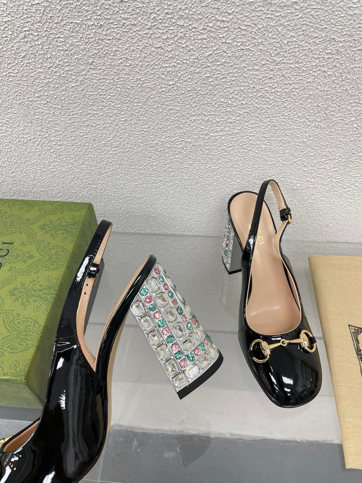 GG WOMEN'S HORSEBIT SLINGBACK 95MM IN BLACK CALFSKIN WITH RHINSTONES