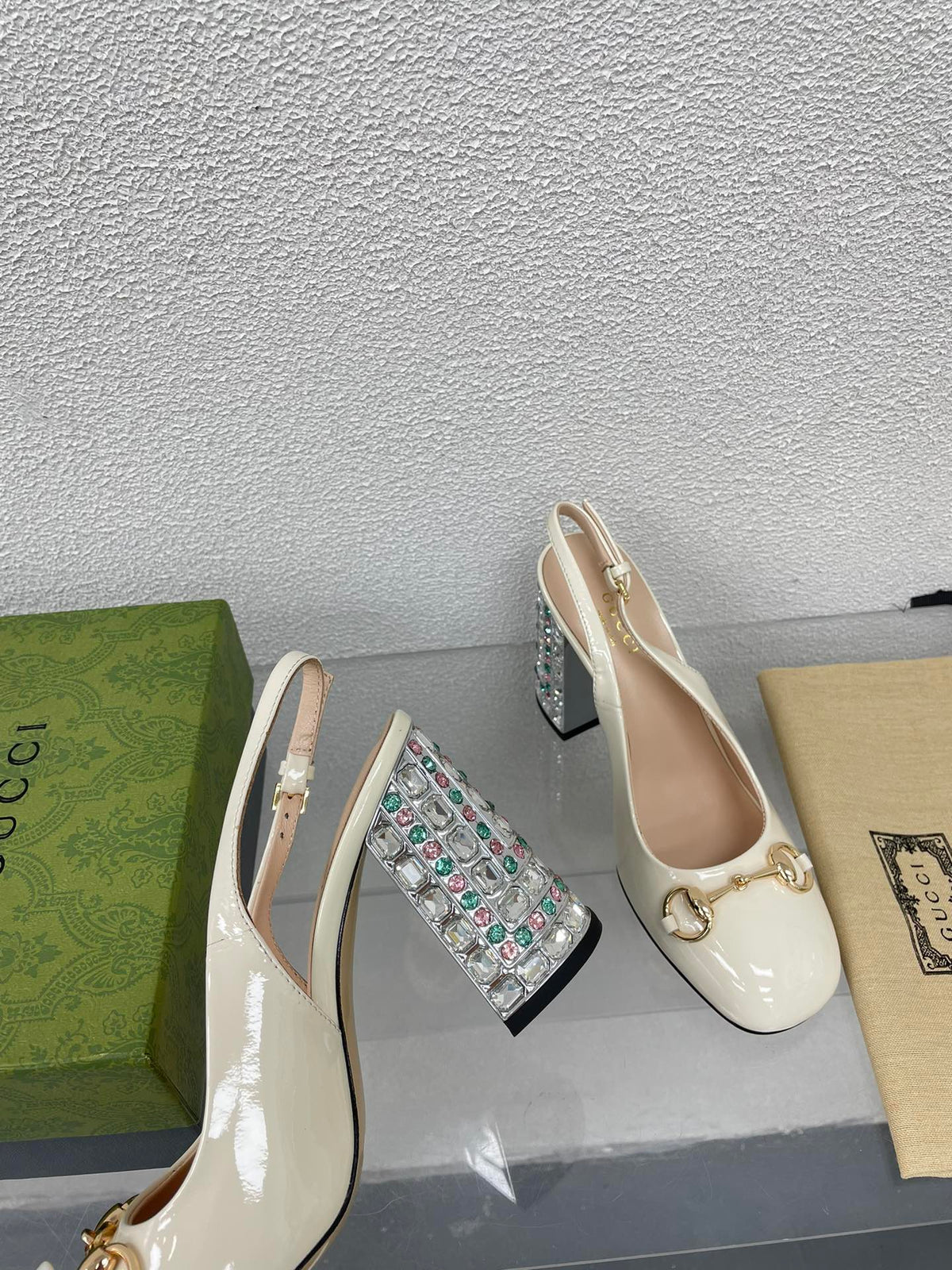 GG WOMEN'S HORSEBIT SLINGBACK 95MM IN WHITE CALFSKIN WITH RHINSTONES