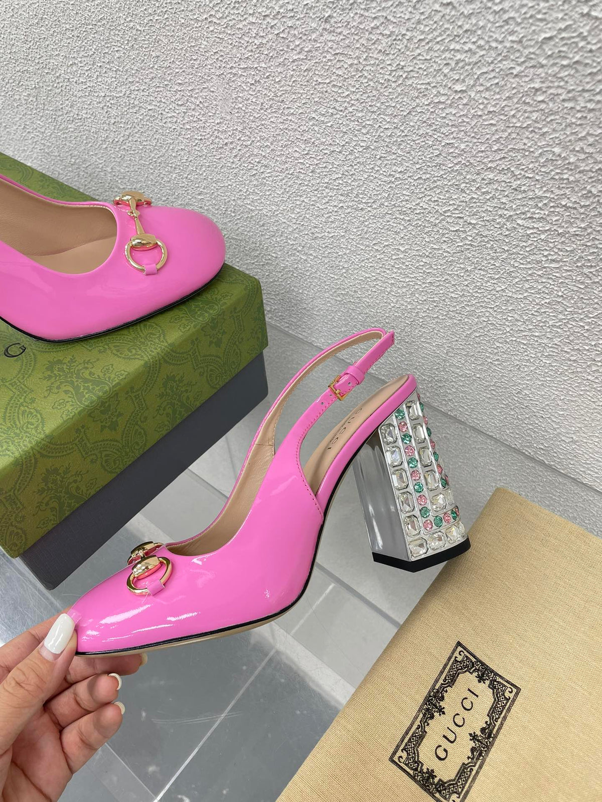 GG WOMEN'S HORSEBIT SLINGBACK 95MM IN FUSICA PINK CALFSKIN WITH RHINSTONES