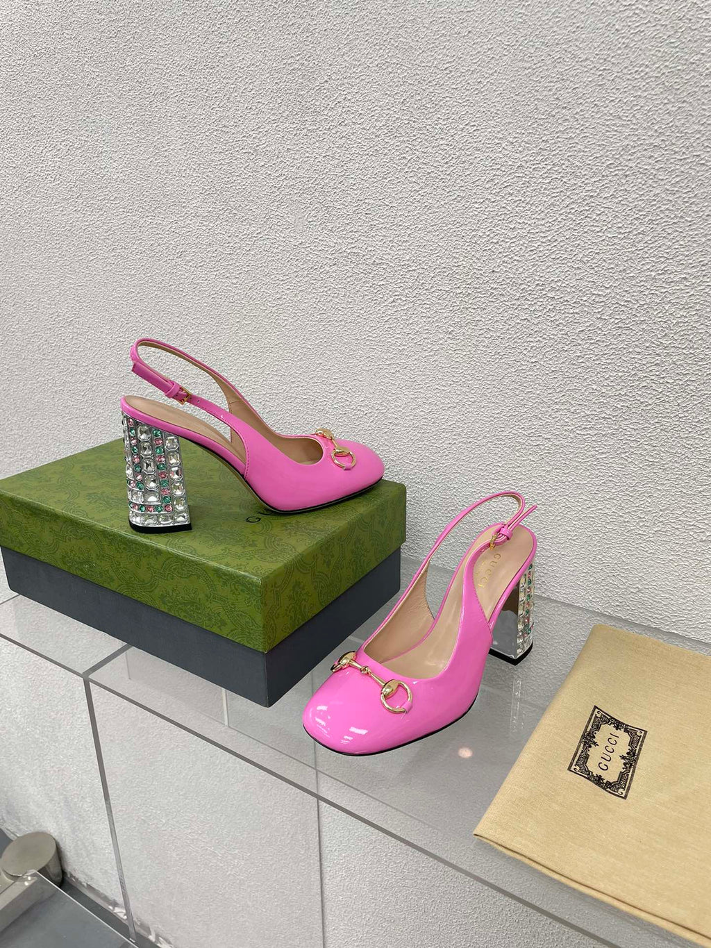 GG WOMEN'S HORSEBIT SLINGBACK 95MM IN FUSICA PINK CALFSKIN WITH RHINSTONES