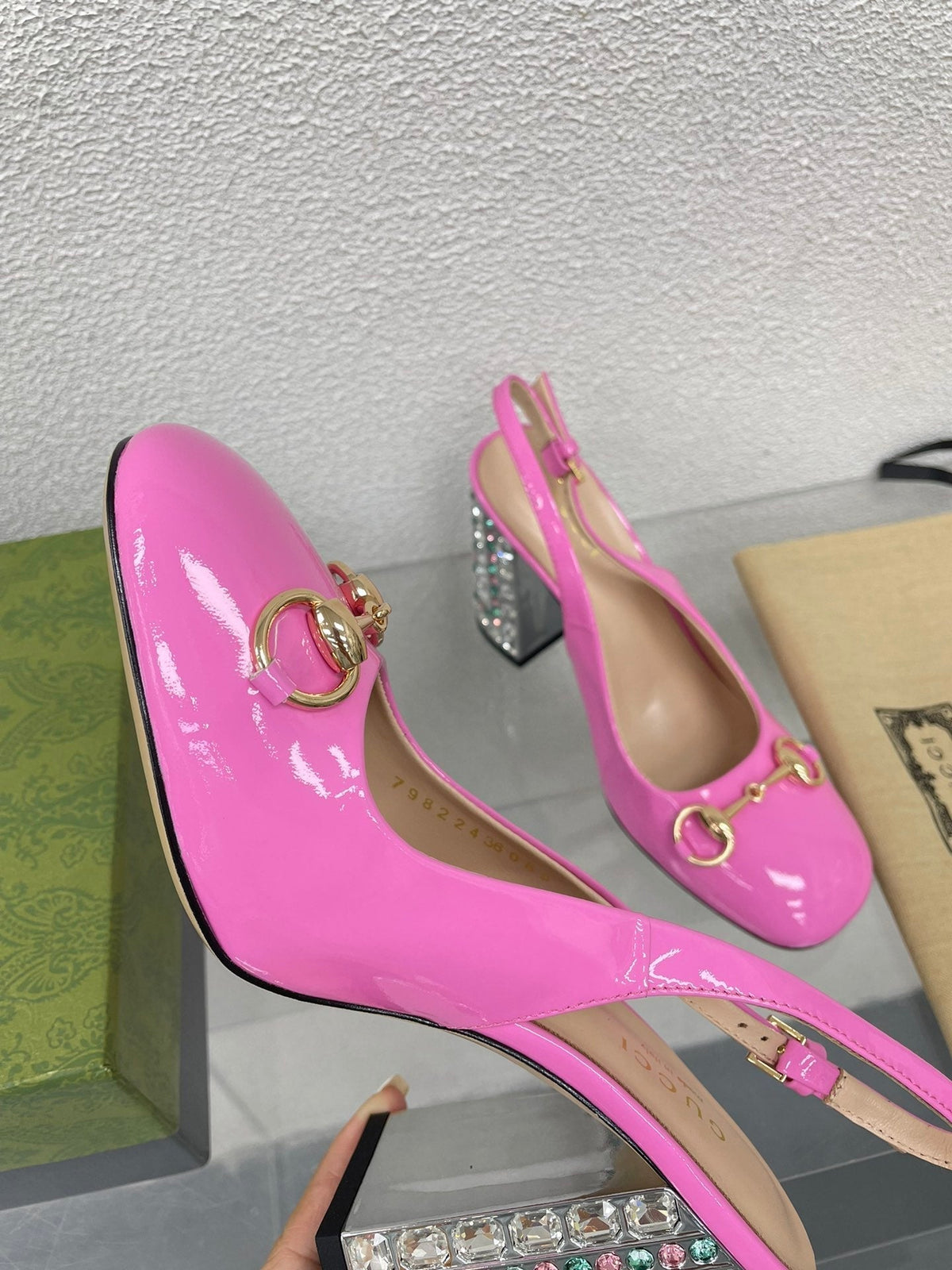 GG WOMEN'S HORSEBIT SLINGBACK 95MM IN FUSICA PINK CALFSKIN WITH RHINSTONES