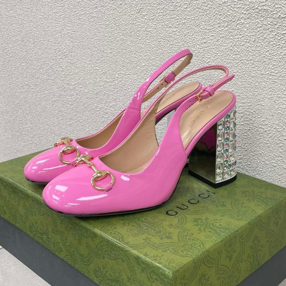 GG WOMEN'S HORSEBIT SLINGBACK 95MM IN FUSICA PINK CALFSKIN WITH RHINSTONES