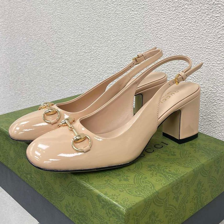 GG WOMEN'S HORSEBIT SLINGBACK 65MM IN TAN BEIGE CALFSKIN