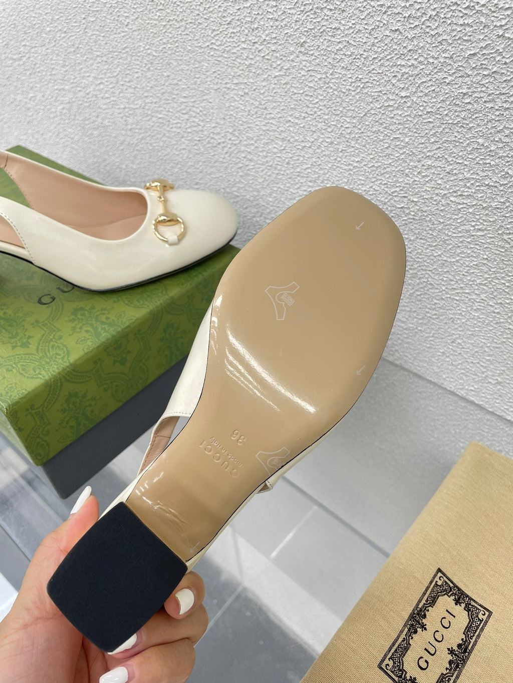 GG WOMEN'S HORSEBIT SLINGBACK 65MM IN WHITE CALFSKIN
