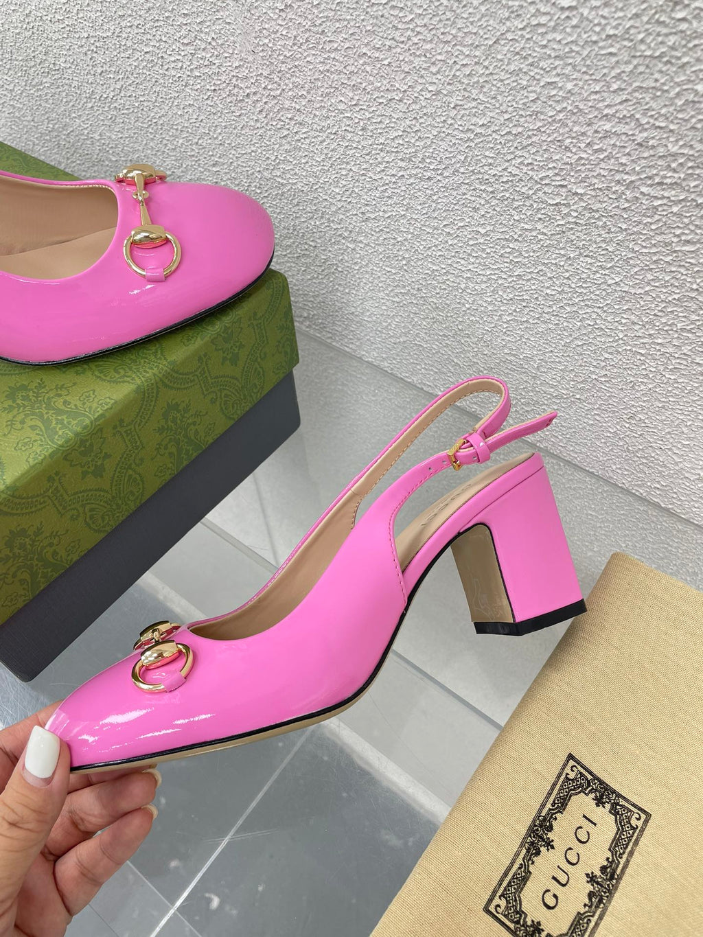 GG WOMEN'S HORSEBIT SLINGBACK 65MM IN FUSICA PINK CALFSKIN