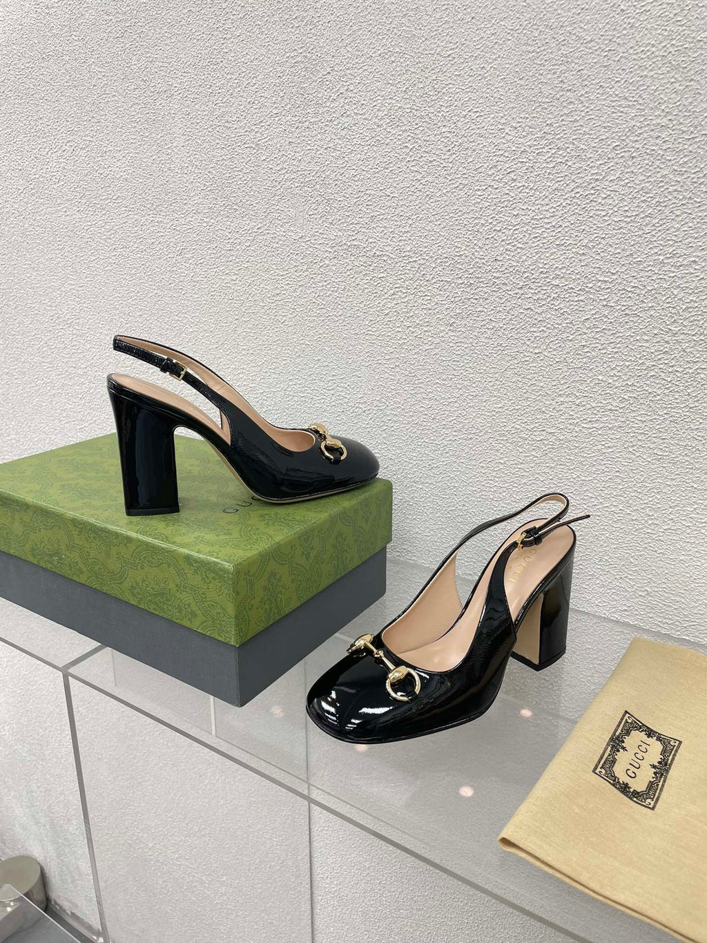 GG WOMEN'S HORSEBIT SLINGBACK 95MM IN BLACK CALFSKIN