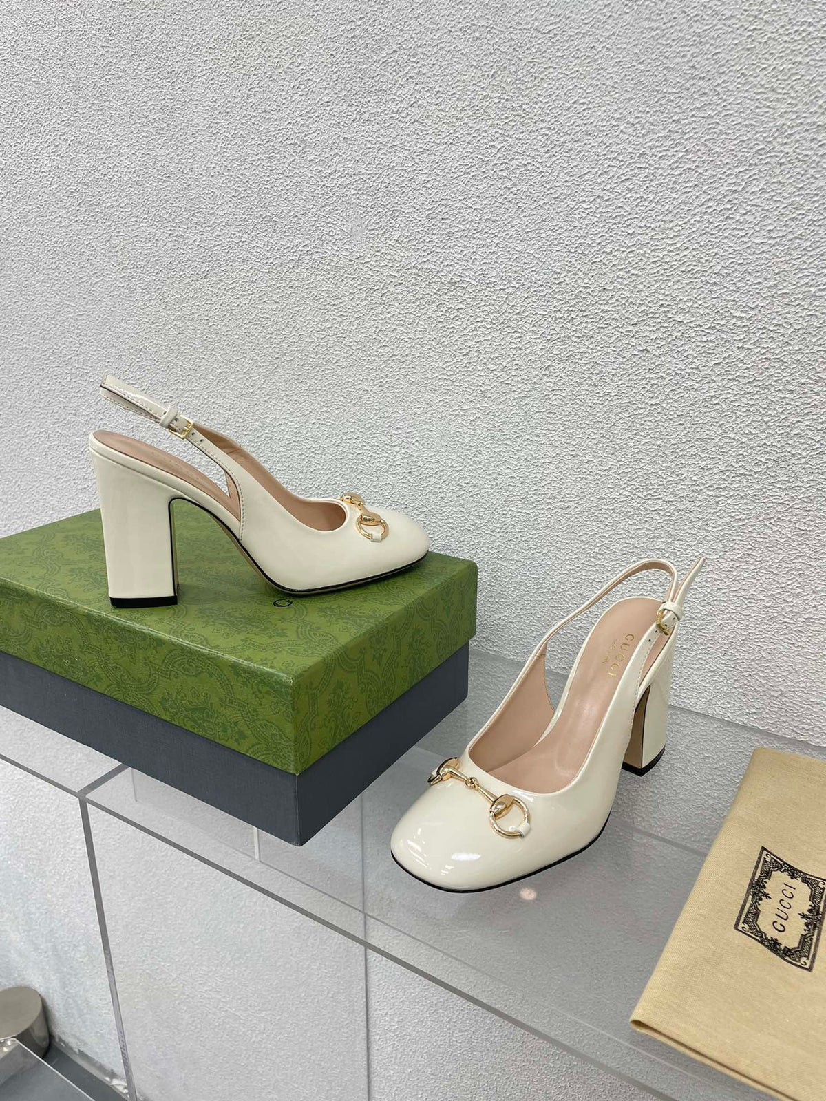 GG WOMEN'S HORSEBIT SLINGBACK 95MM IN WHITE CALFSKIN