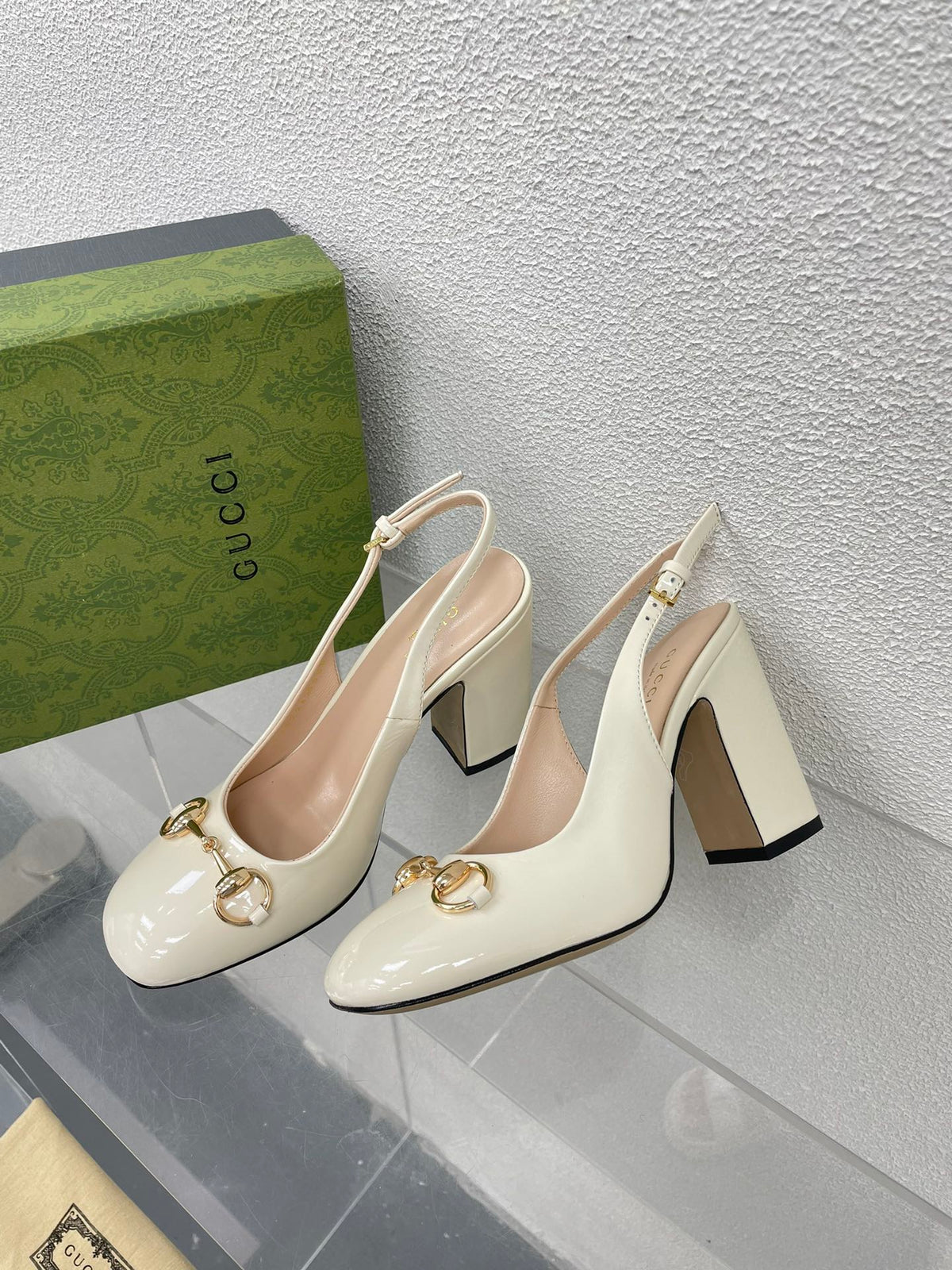 GG WOMEN'S HORSEBIT SLINGBACK 95MM IN WHITE CALFSKIN