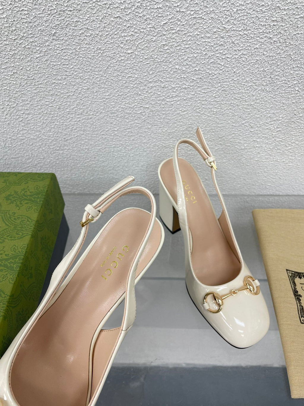 GG WOMEN'S HORSEBIT SLINGBACK 95MM IN WHITE CALFSKIN