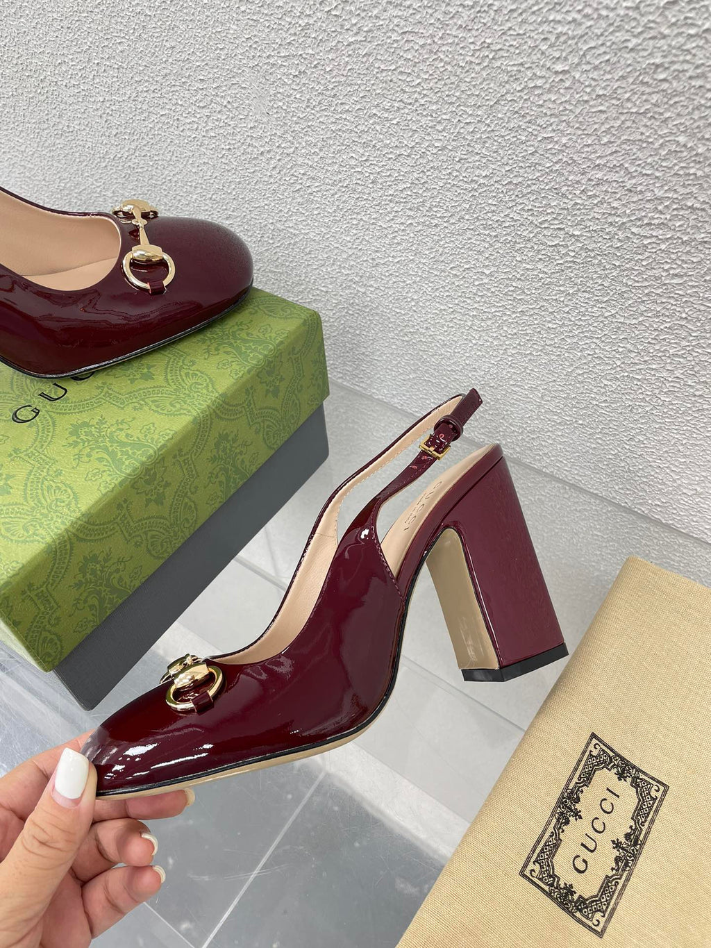 GG WOMEN'S HORSEBIT SLINGBACK 95MM IN WINE RED CALFSKIN