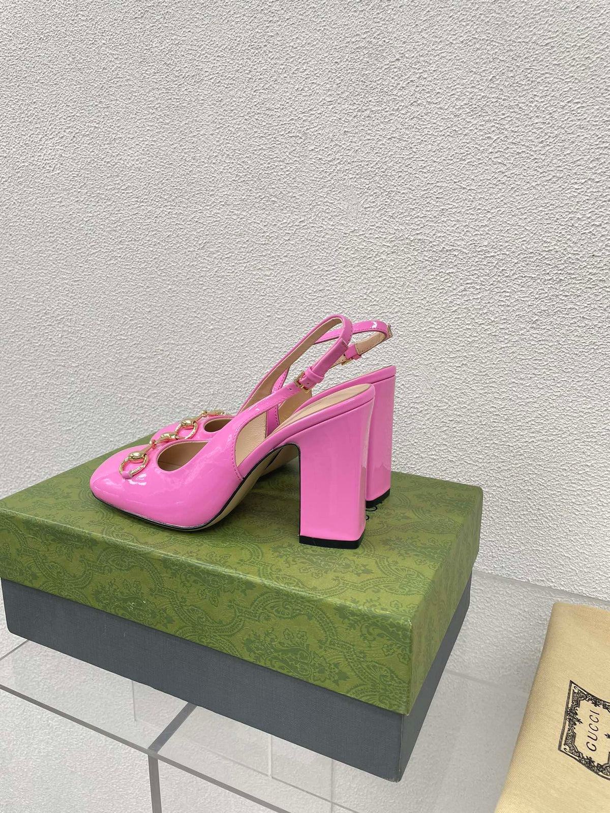 GG WOMEN'S HORSEBIT SLINGBACK 95MM IN FUSICA PINK CALFSKIN