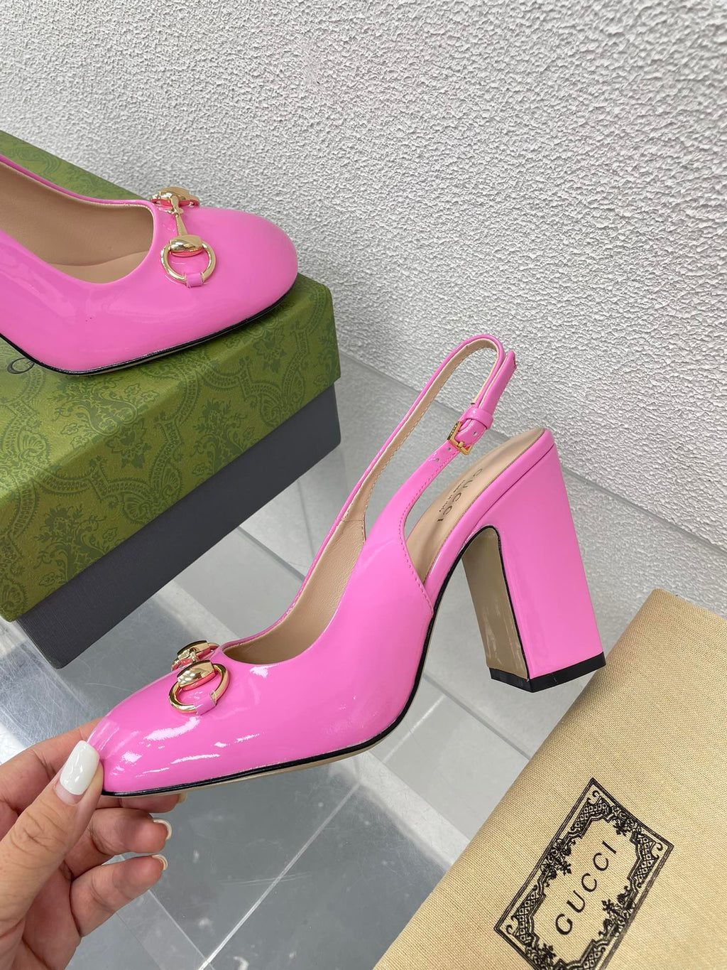 GG WOMEN'S HORSEBIT SLINGBACK 95MM IN FUSICA PINK CALFSKIN