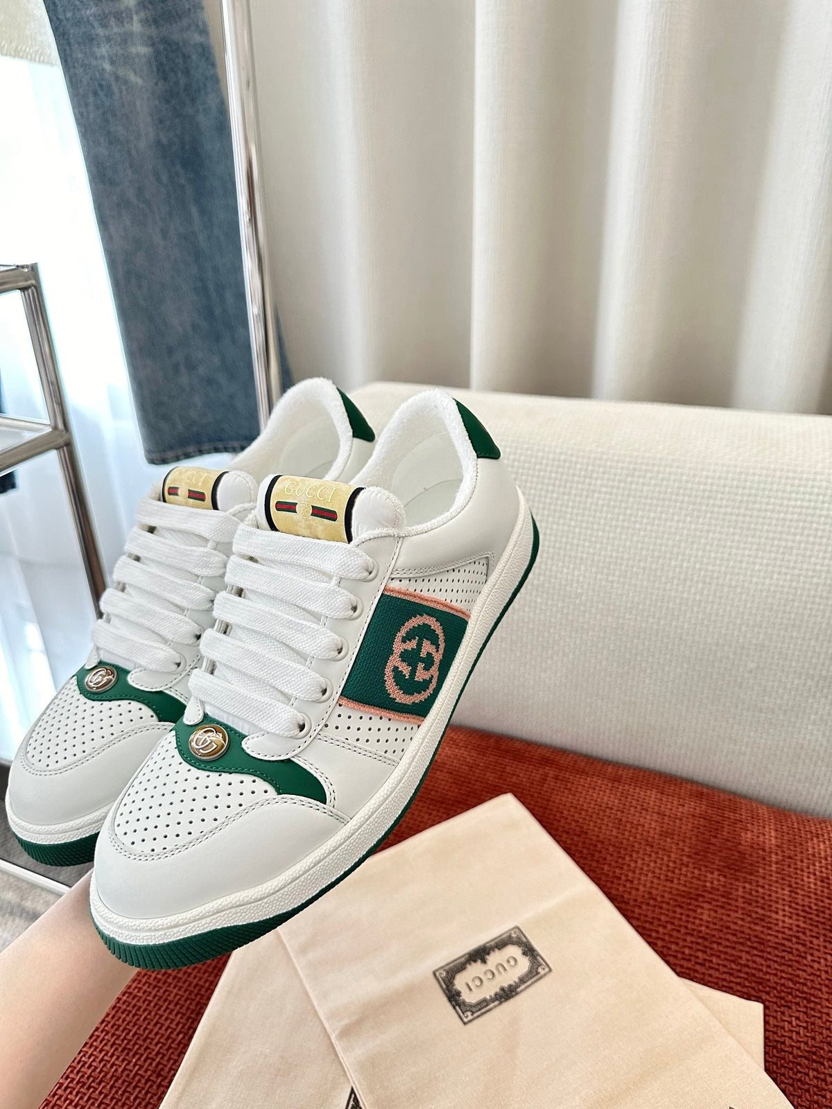 GG SCREENER SNEAKER WHITE AND DARK GREEN CALFSKIN