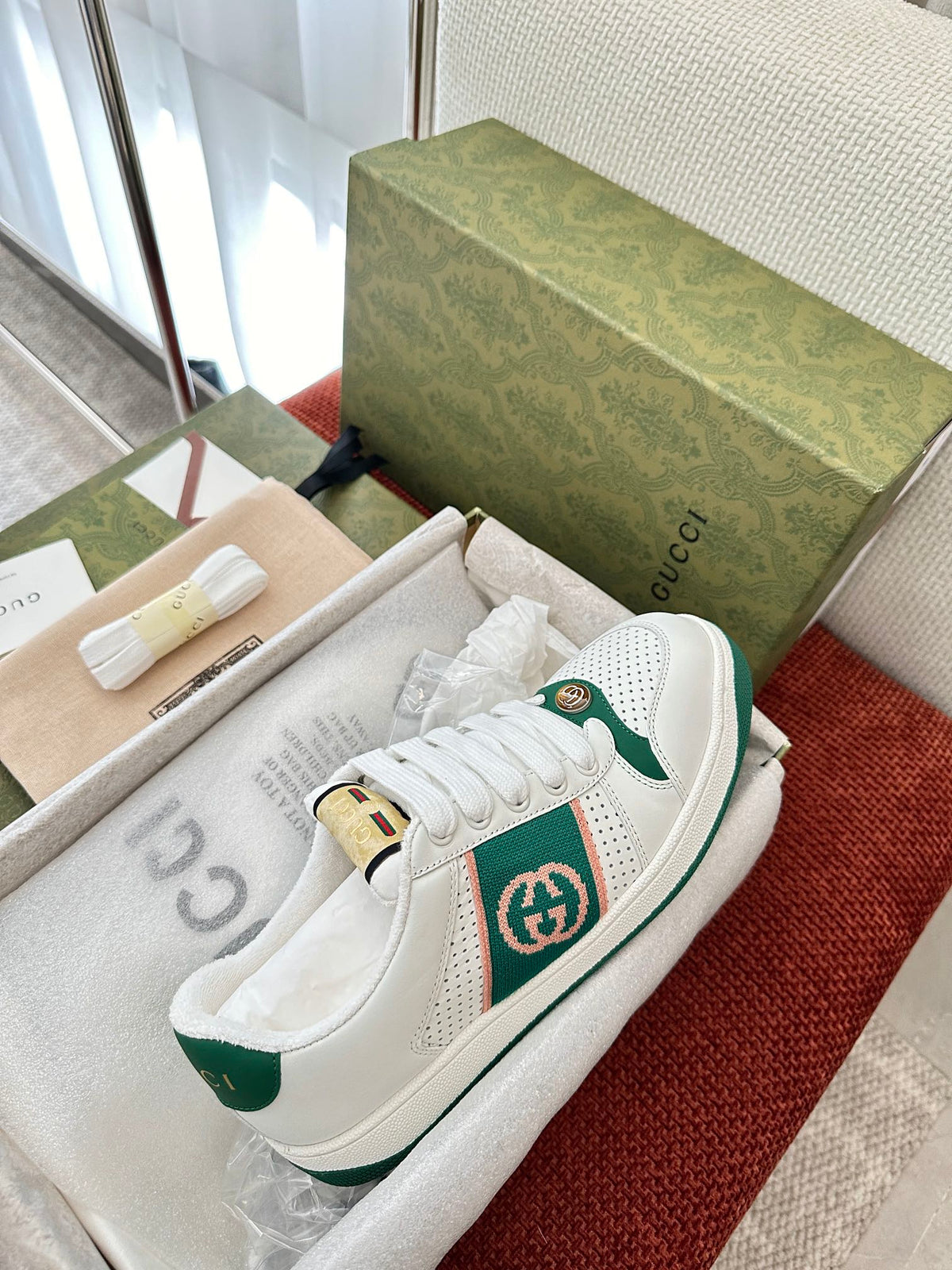 GG SCREENER SNEAKER WHITE AND DARK GREEN CALFSKIN