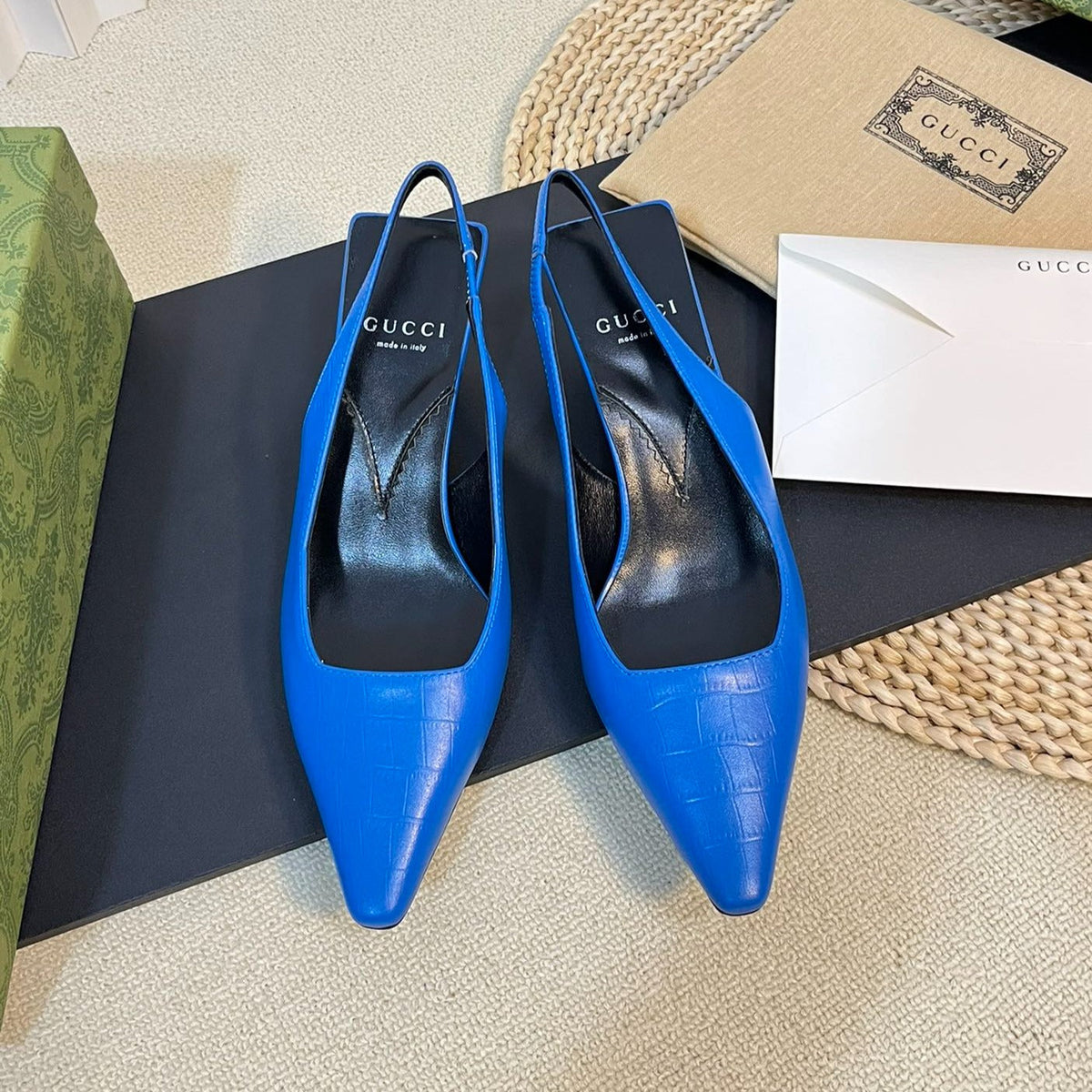 GG Women's G pointed silver-letter Logo slingbacks Azure Blue
