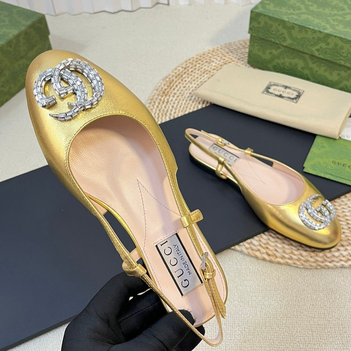 GG Double G patent leather slingback ballet flats Gold