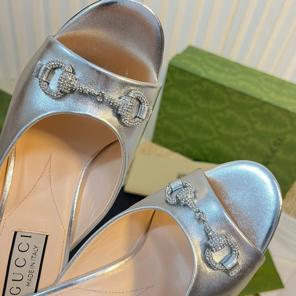 GG  Women's Horsebit mid-heel slide sandal in Silver